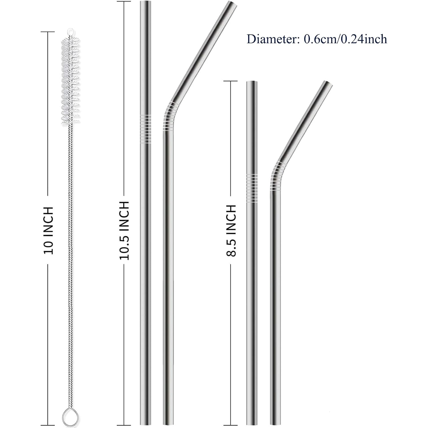 12 Pack Of Reusable Stainless Steel Metal Straws, 3 Straight + 3 Bent 10.5 Inch And 3 Straight + 3 Bent 8.5 Inch Metal Straws With 2 Cleaning Brushes For 20 24 30 Oz Tumbler Dishwasher Safef