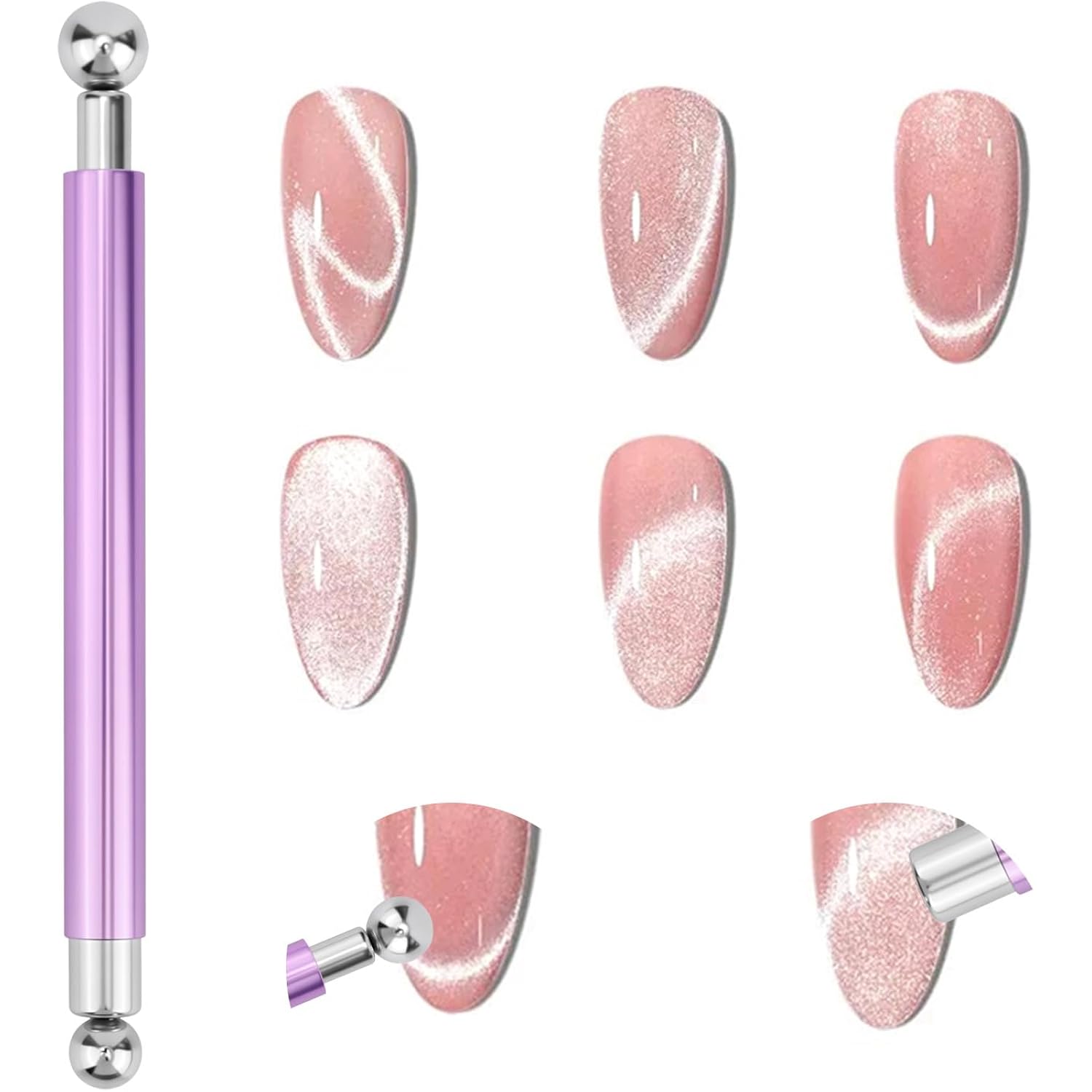 Double-Ended Cat Eye Magnet, Multifunctional Dual Head Nail Magnet Design Tool Stick with 8mm & 10mm Round Magnetic Beads for Cateye Gel Polish for DIY Art at Salon or Home