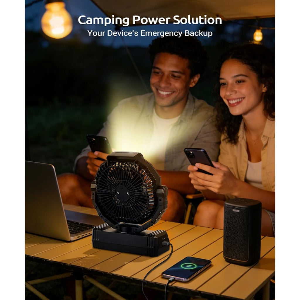 Portable Camping Fan With Lights, 20000Mah Rechargeable Battery Operated Fan, Battery Powered Outdoor Beach Tent With 4 Speeds & Hook, Personal Usb Table For Camping Accessories