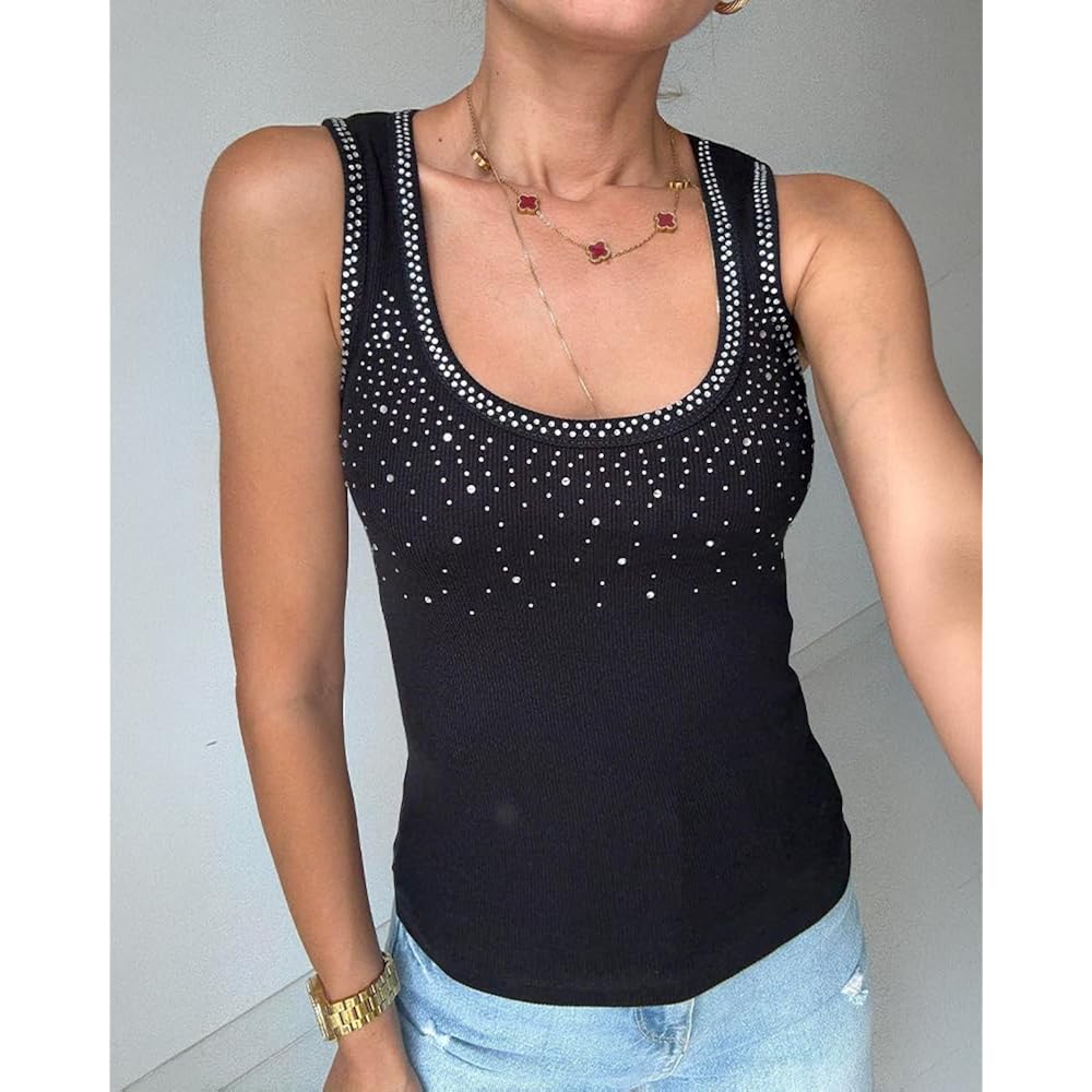 Womens Sleeveless U Neck Tank Top Rhinestone Ribbed Fitted Shirts Cute Summer Going Out Clothes 2026