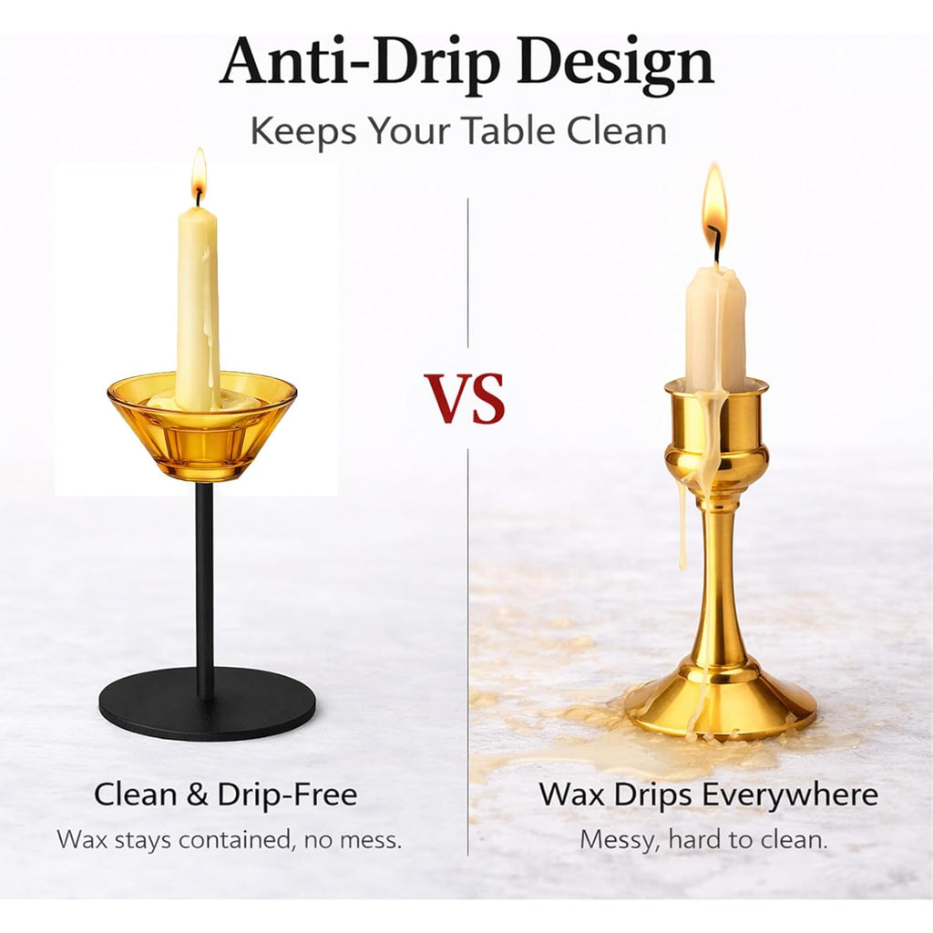 Smytle Amber‑Gold Glass Candlestick Holders with Weighted Black Metal Base, Set of 3 Amber Candle Holders for Both Taper and Tea Light Candles, Boho & Autumn Table Decor, Wedding Centerpiece