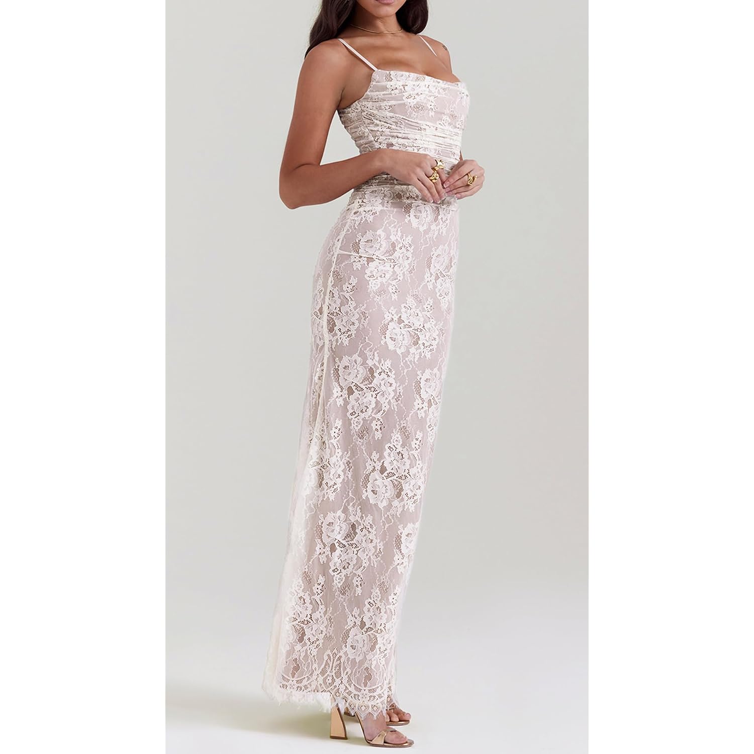 Women Vintage Cream Lace Maxi Dress Romantic Long Sleevees Lace Bodycon Dress