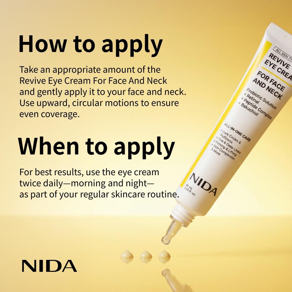 Nida Revive Eye Cream For Face And Neck | Probiotics Lystate Solution, Retinal, Peptide Complex, Bakuchiol | Wrinkles, Fine Lines, Cell Turnover, Firm Skin Texture, Radiant Skin | 1.35 Fl. Oz., 40Ml