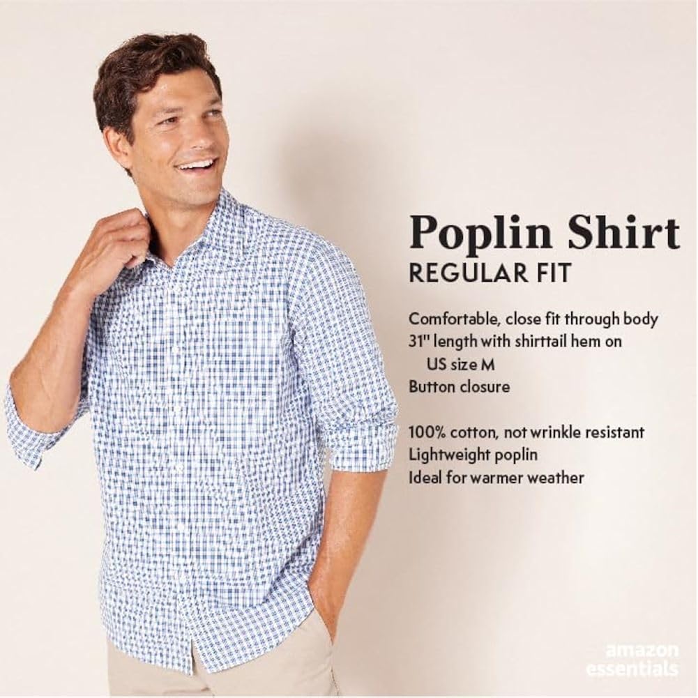 Amazon Essentials Men'S Regular-Fit Long-Sleeve Casual Poplin Shirt, Button Front, Business Casual, Collared