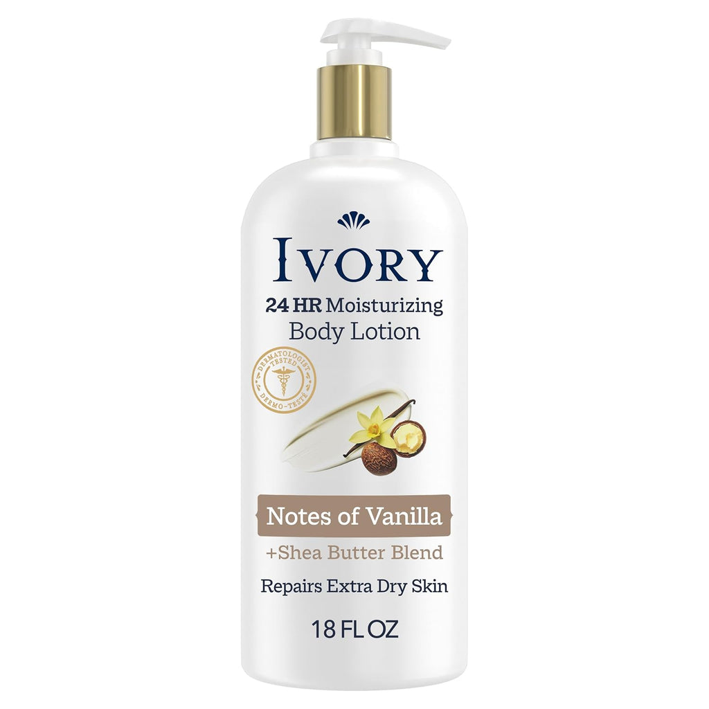 Ivory Hand & Body Lotion, 24Hr Moisturizing, Repairs Extra Dry Skin, All Day Hydration, Lightweight Formula, Absorbs Instantly, Perfect For Daily Use, Shea Butter Blend, Vanilla Scent, 18 Fl Oz