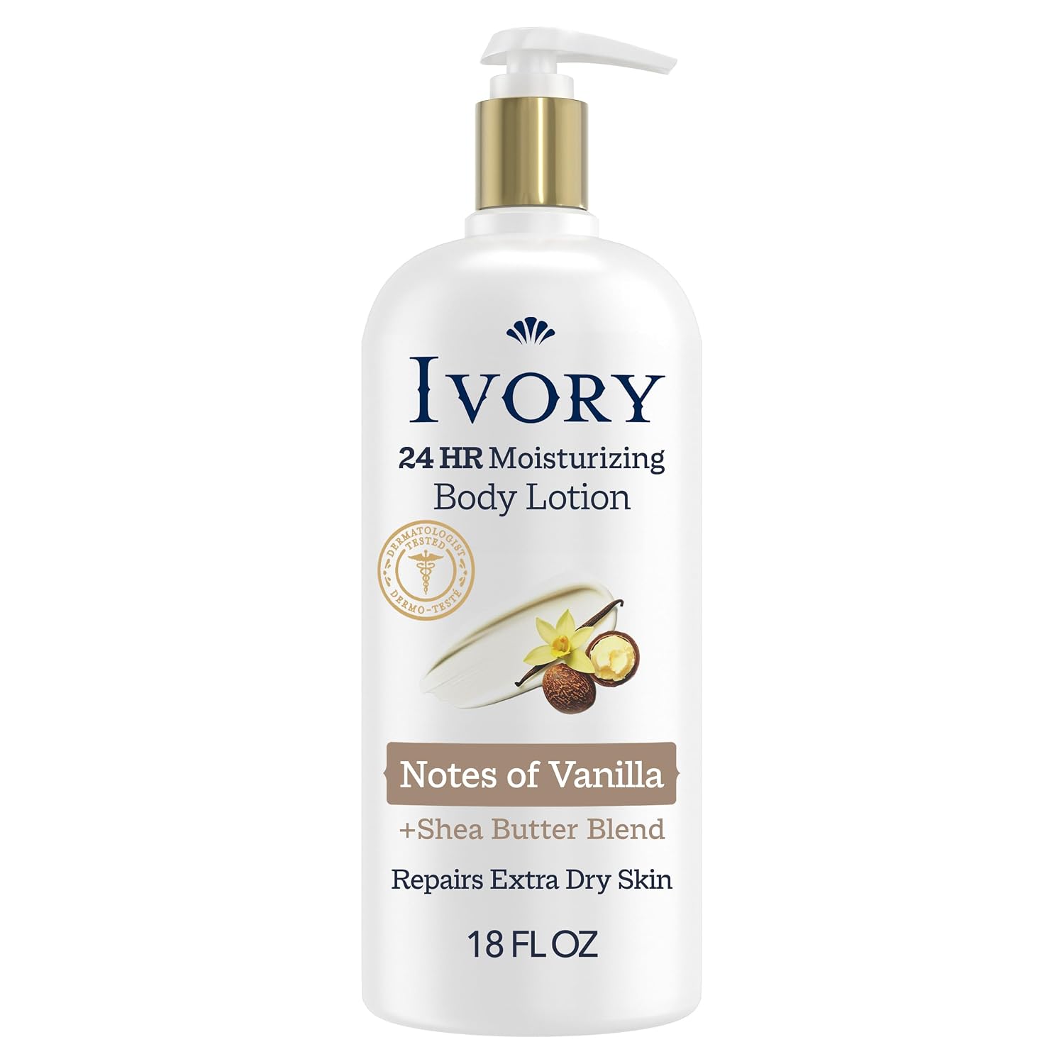 Ivory Hand & Body Lotion, 24Hr Moisturizing, Repairs Extra Dry Skin, All Day Hydration, Lightweight Formula, Absorbs Instantly, Perfect For Daily Use, Shea Butter Blend, Vanilla Scent, 18 Fl Oz