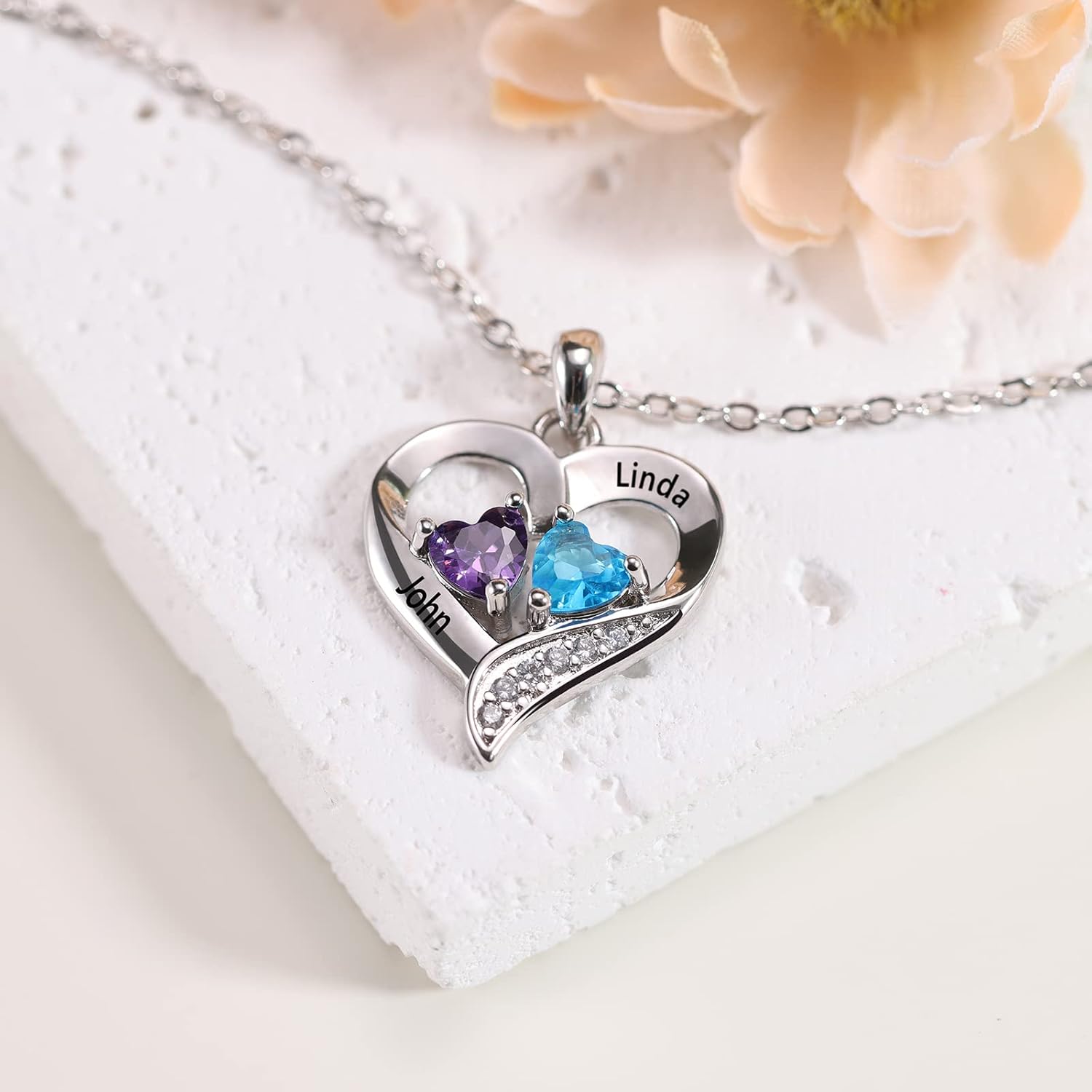 Lam Hub Fong Personalized Birthstone Necklace for Mom - Custom Name Necklace with Heart Pendant - Sterling Silver Family Jewelry Gifts for Women, Grandma, Daughter - Mothers Day Birthday Gifts