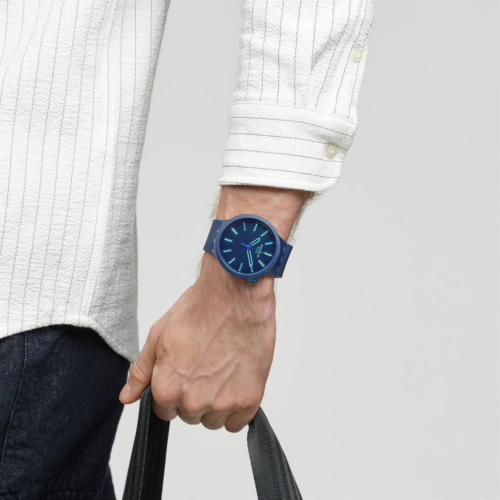 Swatch Big Bold Biosourced Lacquered Unisex Watch Casual Polymer Blue Automatic Waterproof Indigo Glow