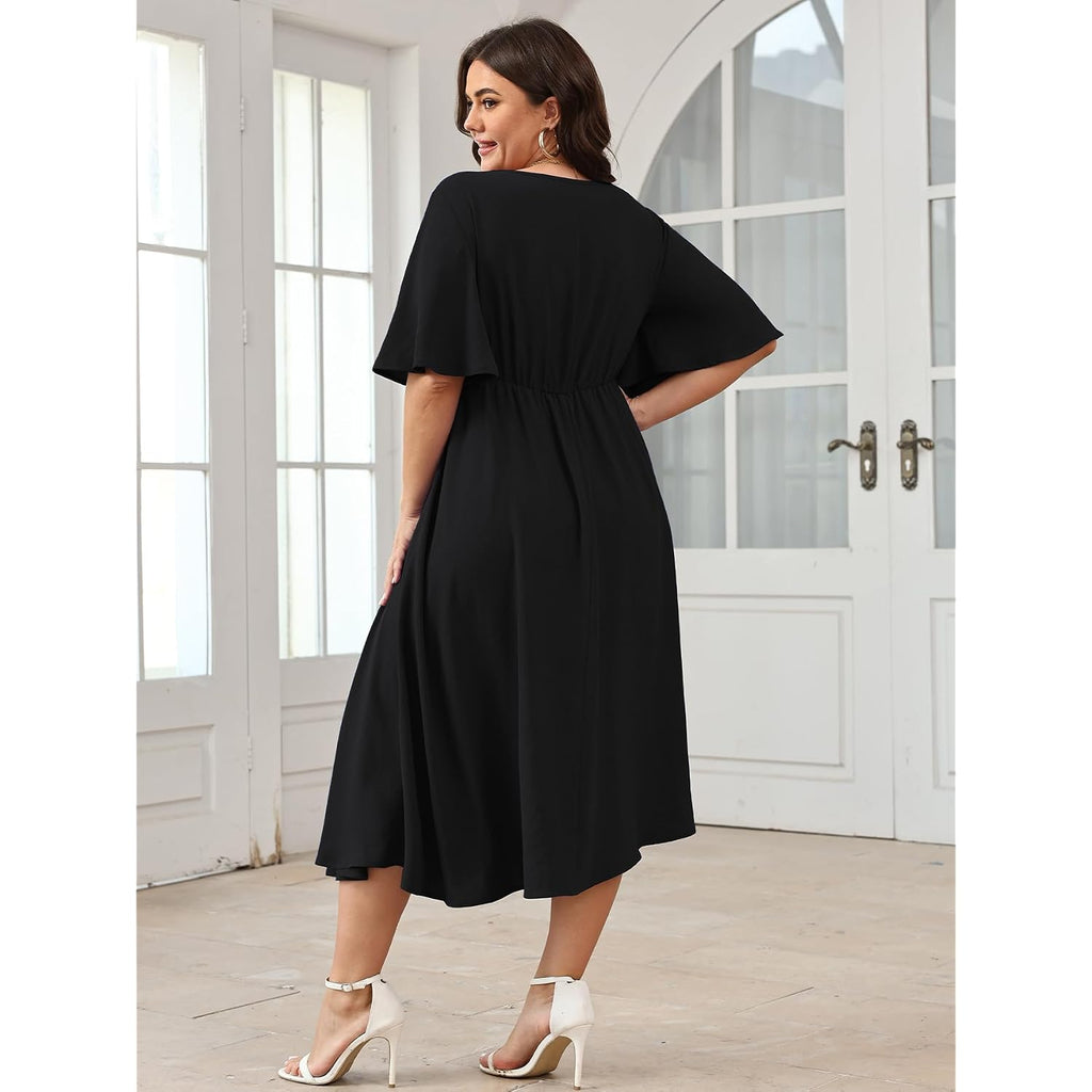 Scomchic Women Plus Size Midi Dresses Wedding Guest Short Sleeve V Neck Tie Waist Casual Summer Flowy A Line Dress