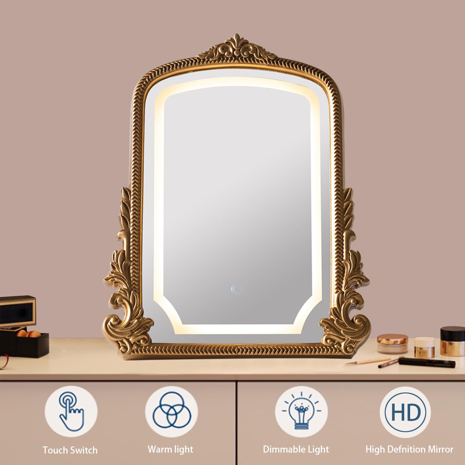 Hsddhome Large 16X20 Vintage Led Vanity Mirror, Gold Arch Makeup Mirror | 3-Color Dimmable Lights; Antique Carved Frame; Large Tabletop For Wide Dressers