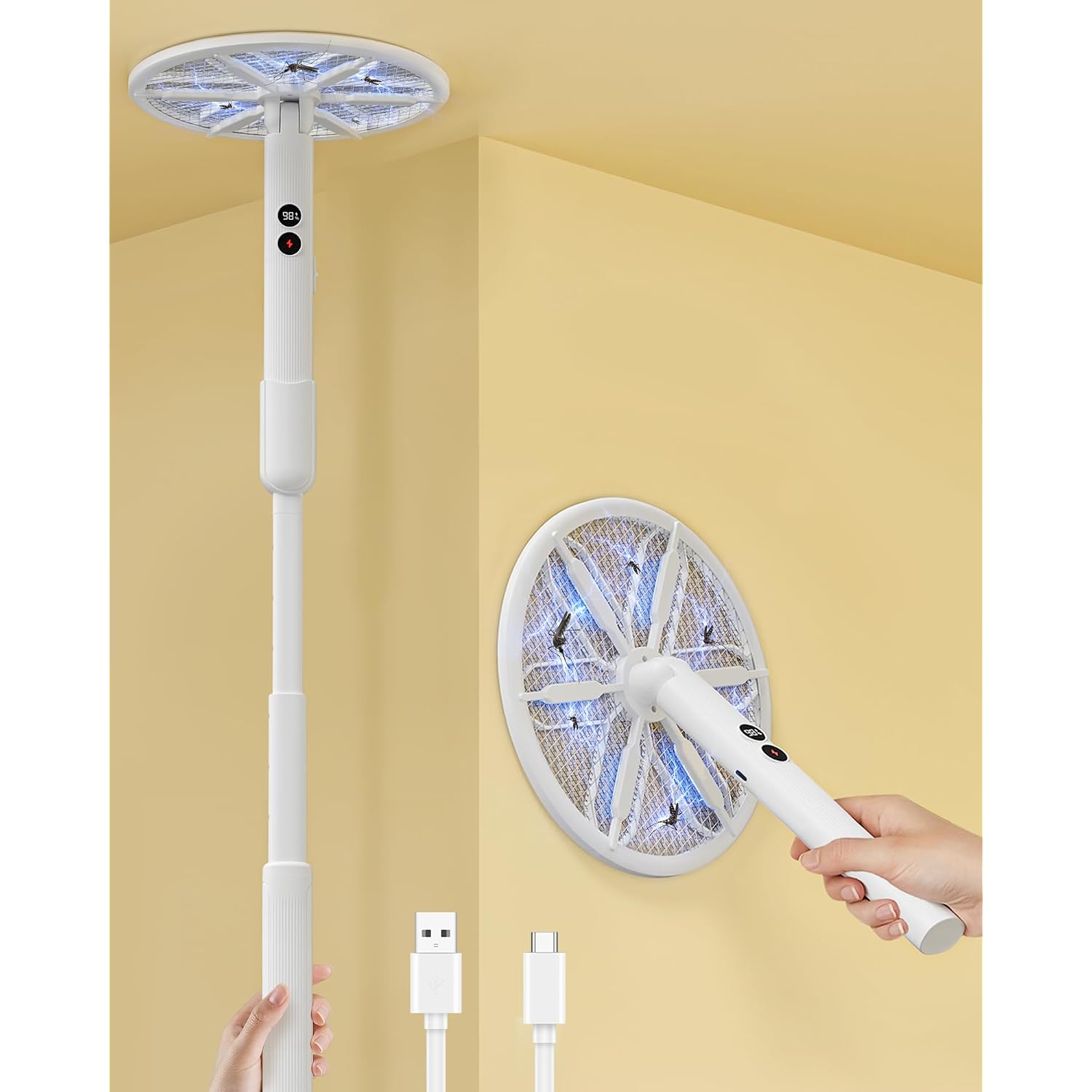 Rotating Head Electric Fly Swatter For Indoors With 16–40" Telescopic Handle, 4000V 2-In-1 Uv Usb Rechargeable Bug Zapper Indoor Outdoor, Fly Mosquito Zapper Killer Catcher Trap For Ceilings And Walls