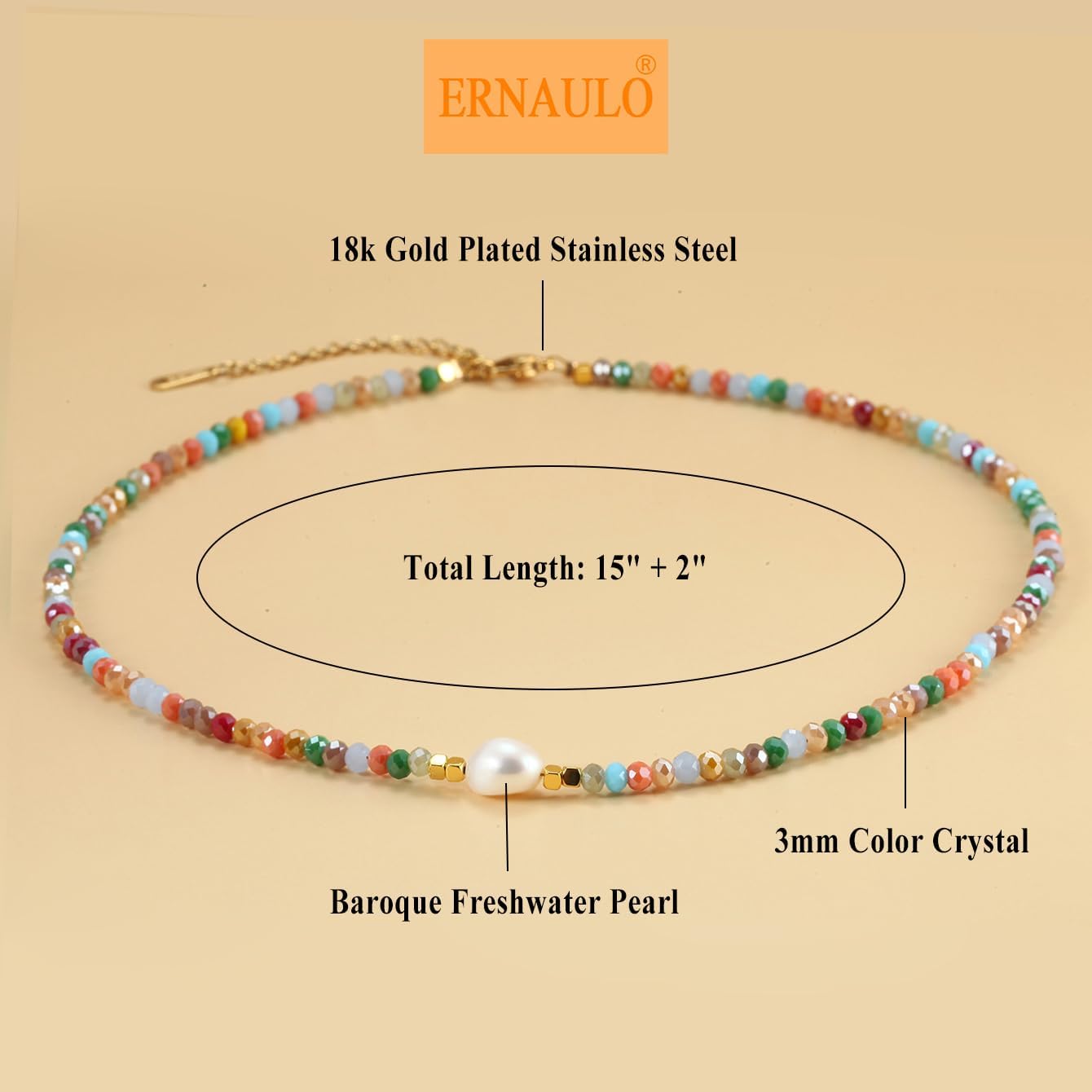 Colorful Beaded Necklaces for Women Crystal Bead Necklace Beach Necklaces Boho Necklaces for Women Pearl Beaded Choker Necklace Stainless Steel 18K Gold Plated Choker