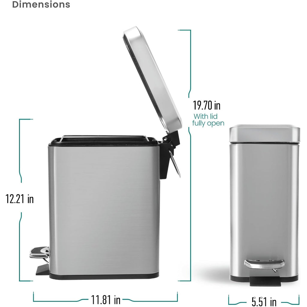 Home Zone Living 1.3 Gallon Stainless Steel Small Trash Can With A Lid | Stainless Steel With Slim Fit Design, Soft-Close Lid For Offices, Bathrooms, Bedrooms And Dorms, Silver