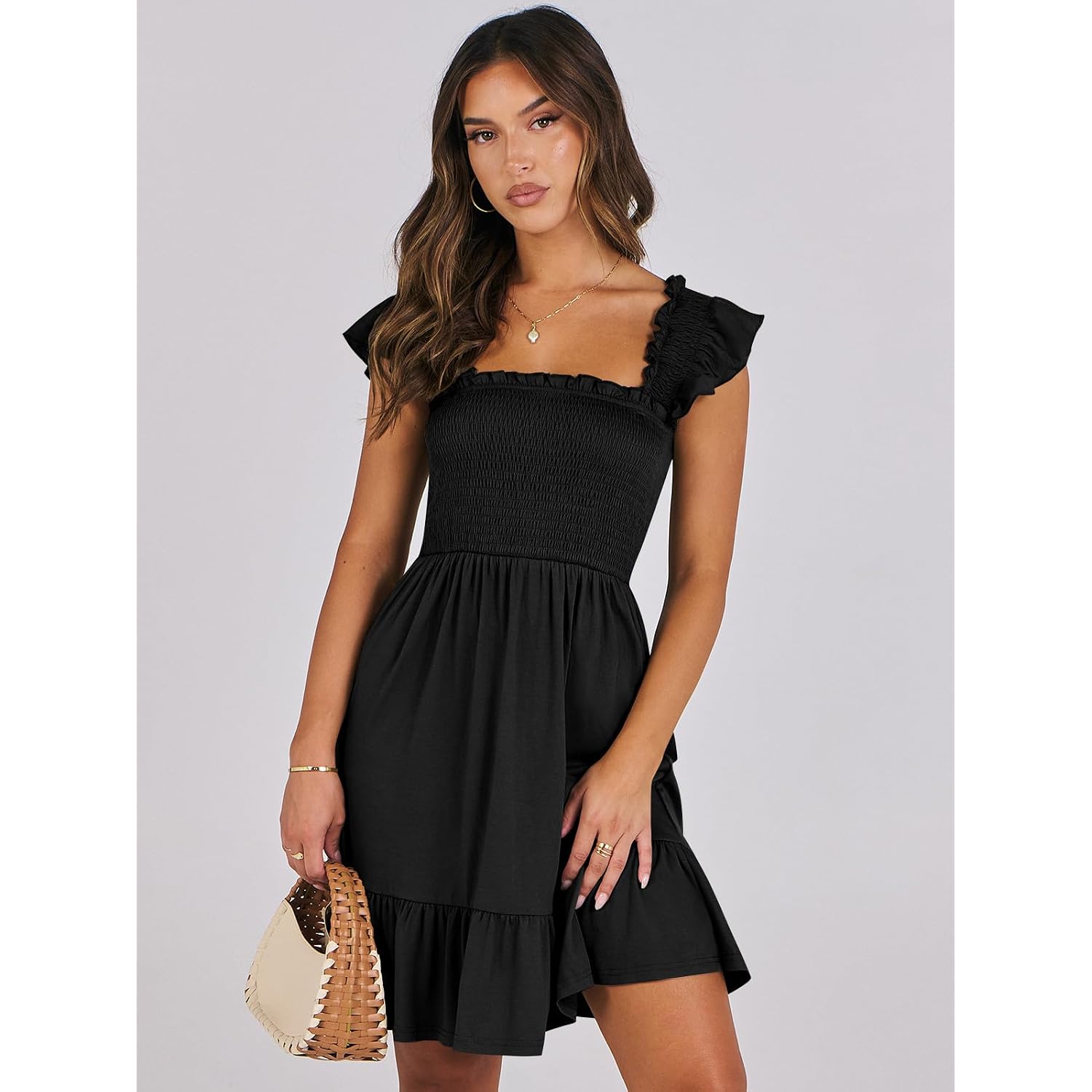 Anrabess Women'S Summer Casual Sleeveless Square Neck Dress 2026 Smocked Ruffle Backless Boho Beach Cute Teen Short Sundress