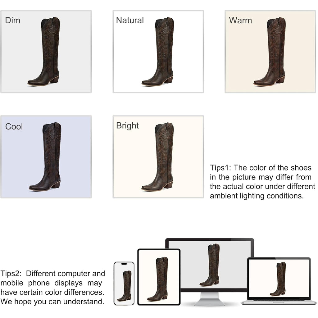 wetkiss Cowboy Boots for Women Knee High Cowgirl Tall Boots with Classic Retro Embroidered Chunky Heel Slip On Pointed Toe Womens Western Boots for Girls Ladies