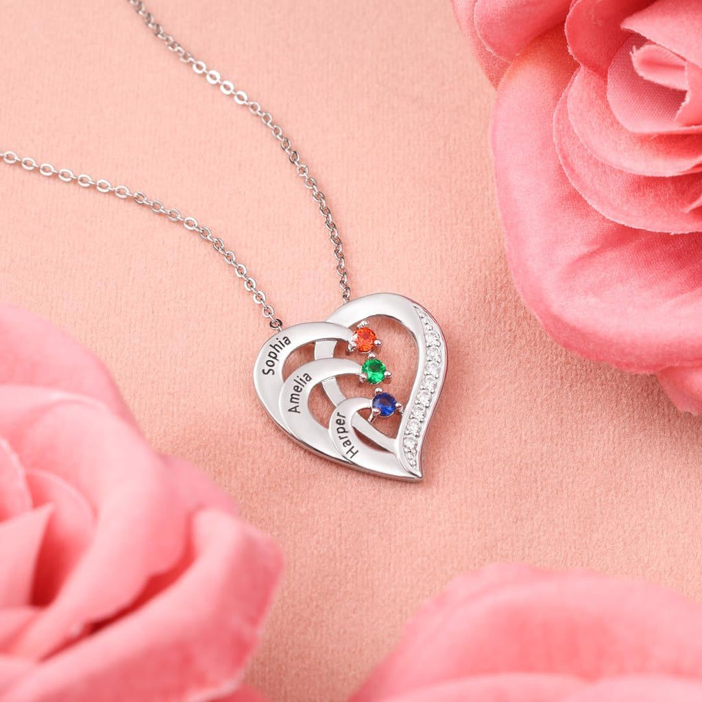 925 Sterling Silver Personalized Name Mom Necklace with 2-6 Heart Birthstones Custom Name Mother Chain Pendant Mother Day Christmas Gifts for Women Mom Grandma Wife