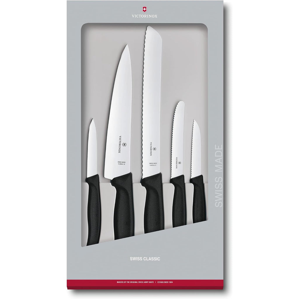 Victorinox Swiss Classic Kitchen Set, 5 Pieces - Utility & Bread Knives | Durable Ergonomic Set With Paring, Carving, And Bread Knives. Made In Switzerland, Dishwasher Safe, And Black Handles.