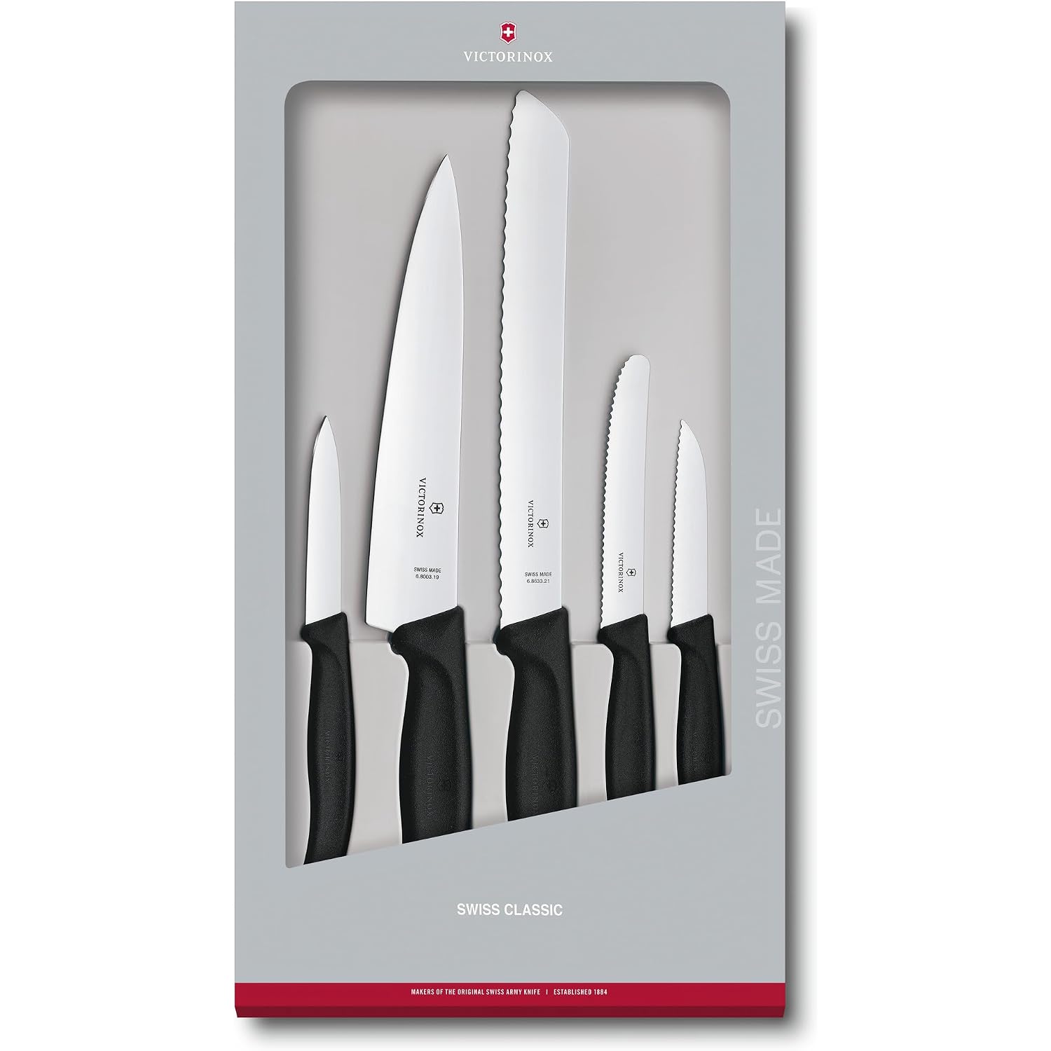 Victorinox Swiss Classic Kitchen Set, 5 Pieces - Utility & Bread Knives | Durable Ergonomic Set With Paring, Carving, And Bread Knives. Made In Switzerland, Dishwasher Safe, And Black Handles.