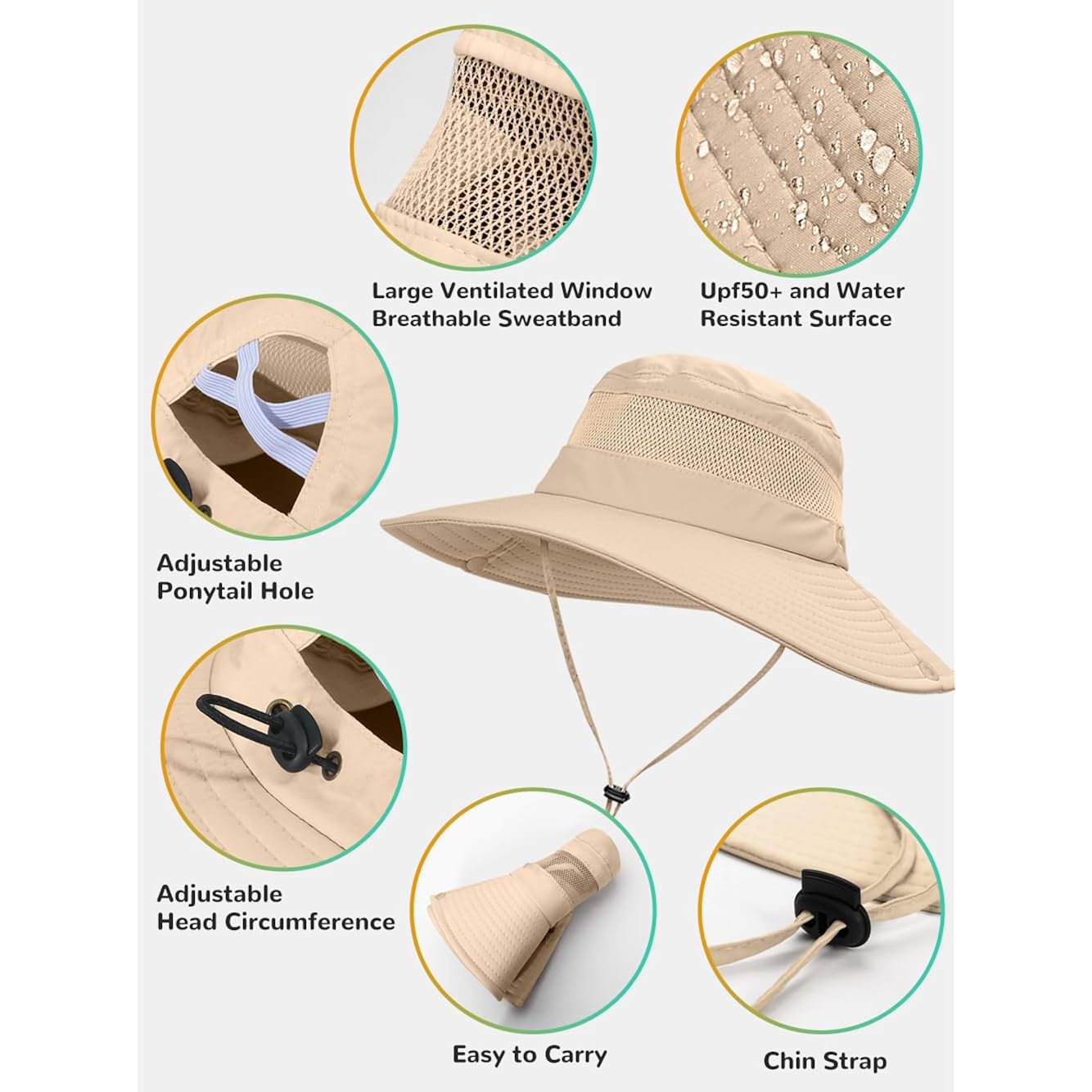 Sun Bucket Beach Hats for Women with Ponytail Hole,Sun Protection UV UPF50+ Waterproof Fishing Safari Hiking Hat