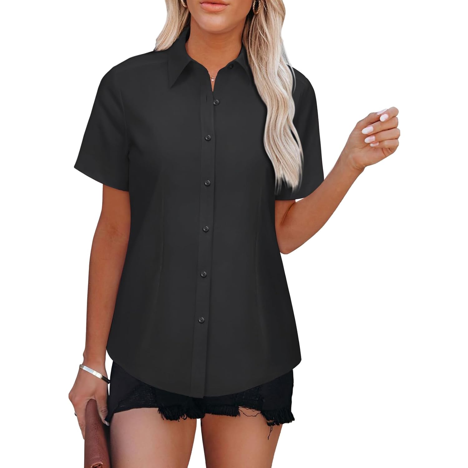 Womens Button Down Shirt Short Sleeve Wrinkle Free Blouse Fitted Work Business Casual Collared Office Tops