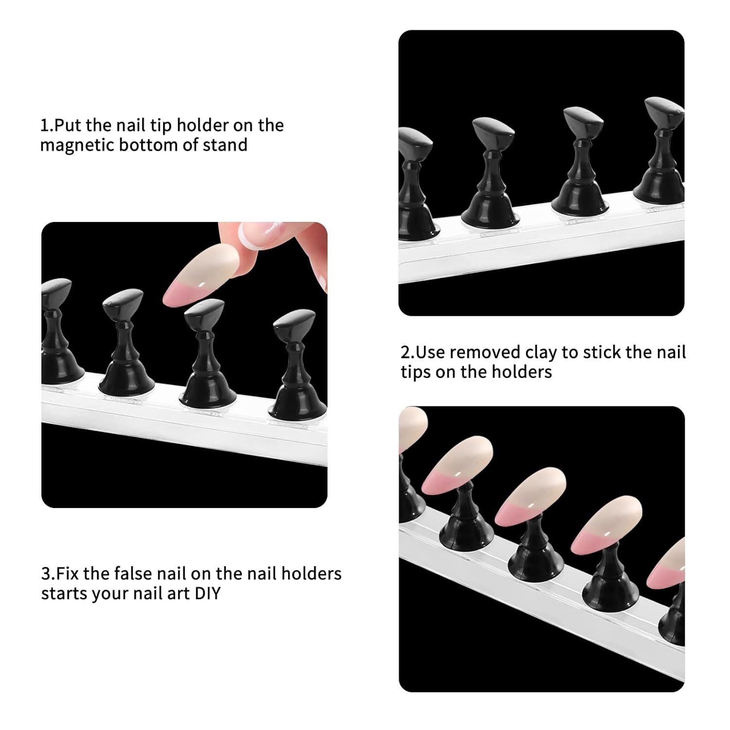 4-in-1 Black Nail Stand & Holder - Magnetic Tips, Beginner Acrylic Nail Art Kit, Salon Equipment & Decor
