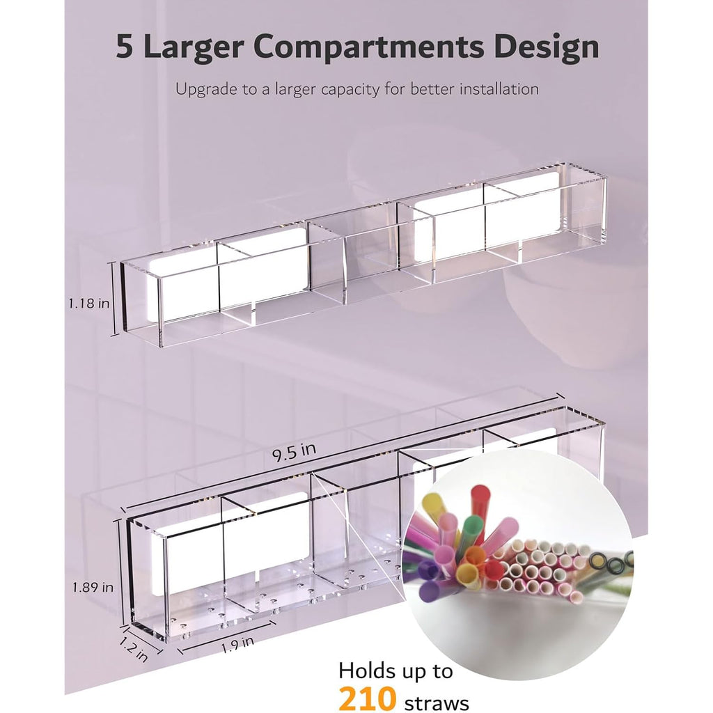 Upgraded 9.5'' Large Acrylic Straw Holder For Cabinet Door, Adjustable Space-Saving Straw Organizer Storage Dispenser For Cabinet With Ultra Sticky Adhesive Strips, 2-Part Rack, Drainage Holes