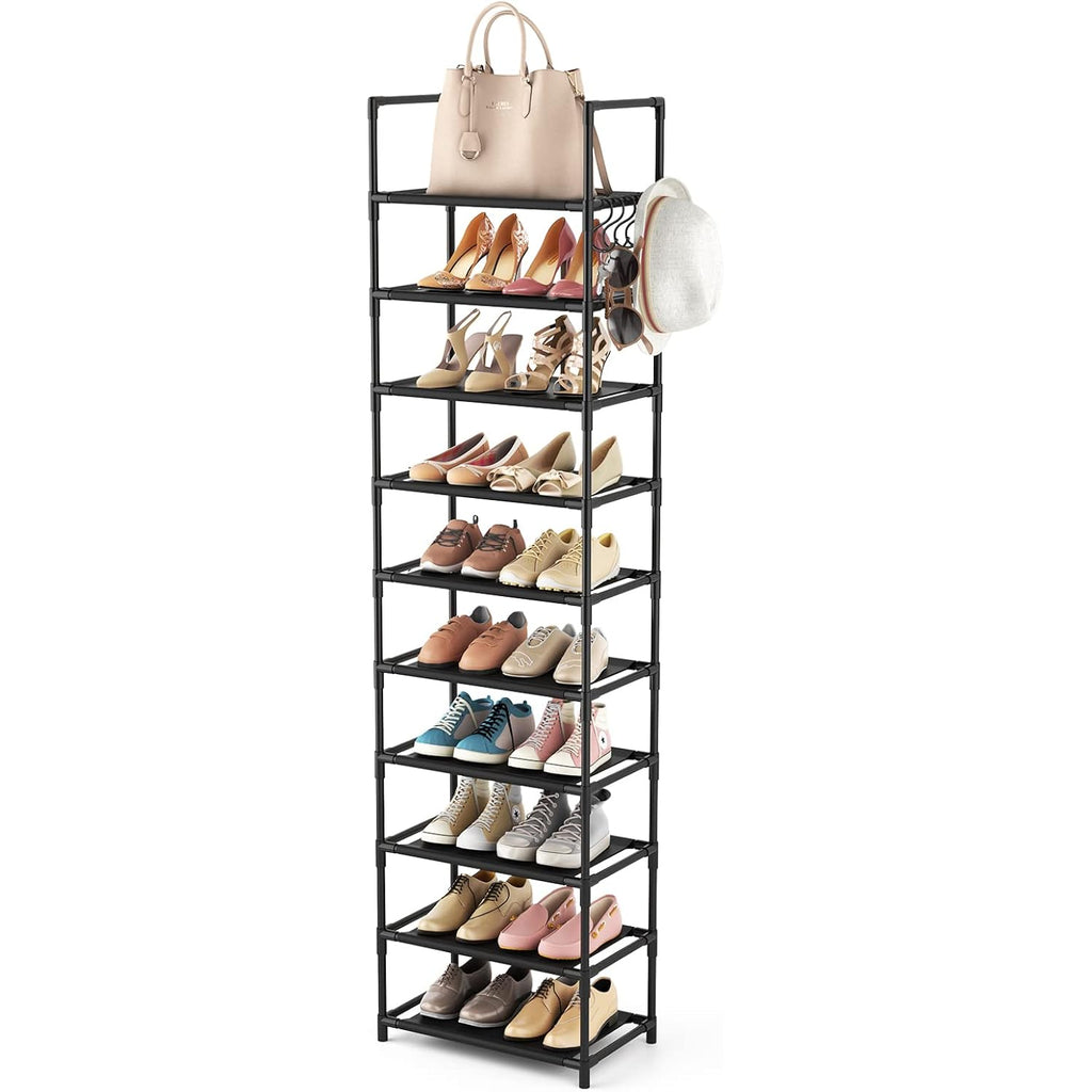 10 Tiers Tall Shoe Rack 20-25 Pairs Boots Organizer Storage Sturdy Narrow Shoe Shelf For Entryway, Closets With Hooks, Black