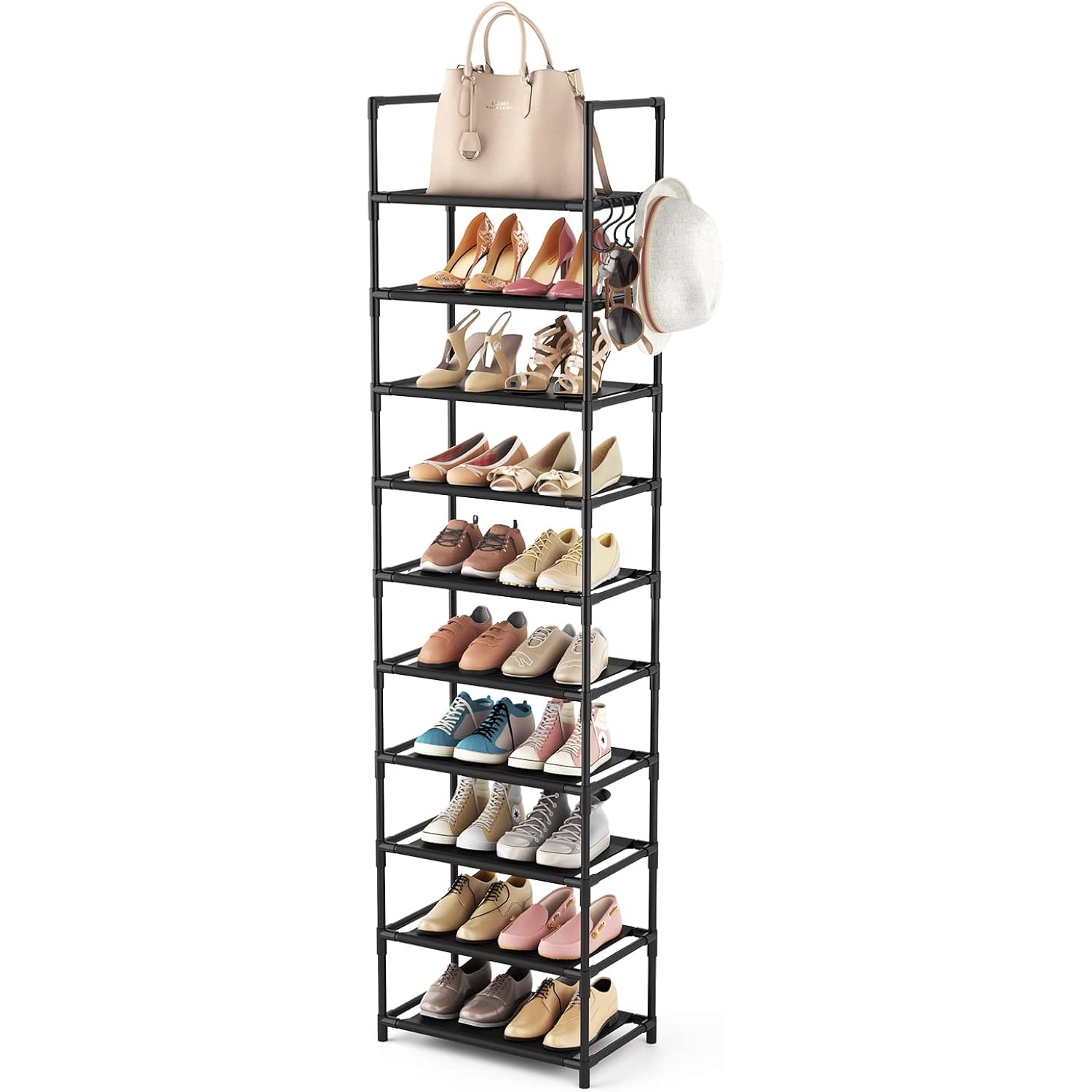 10 Tiers Tall Shoe Rack 20-25 Pairs Boots Organizer Storage Sturdy Narrow Shoe Shelf For Entryway, Closets With Hooks, Black