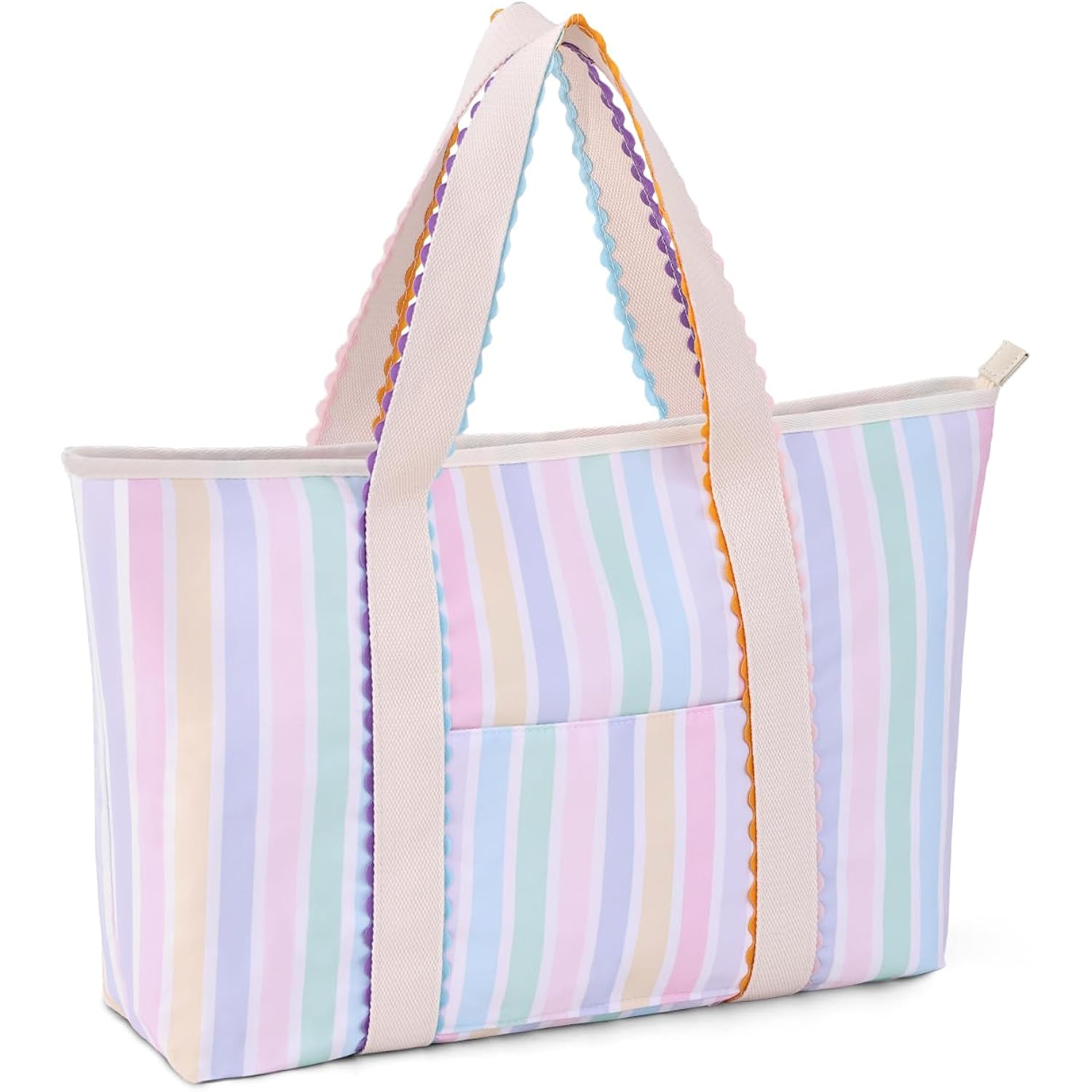 Canvas Tote Bag For Women, Rainbow Rick Rack Trim Stripe Handbag, Large Shoulder Tote With Pocket, Perfect For Everyday Use, Beach, Work And Travel