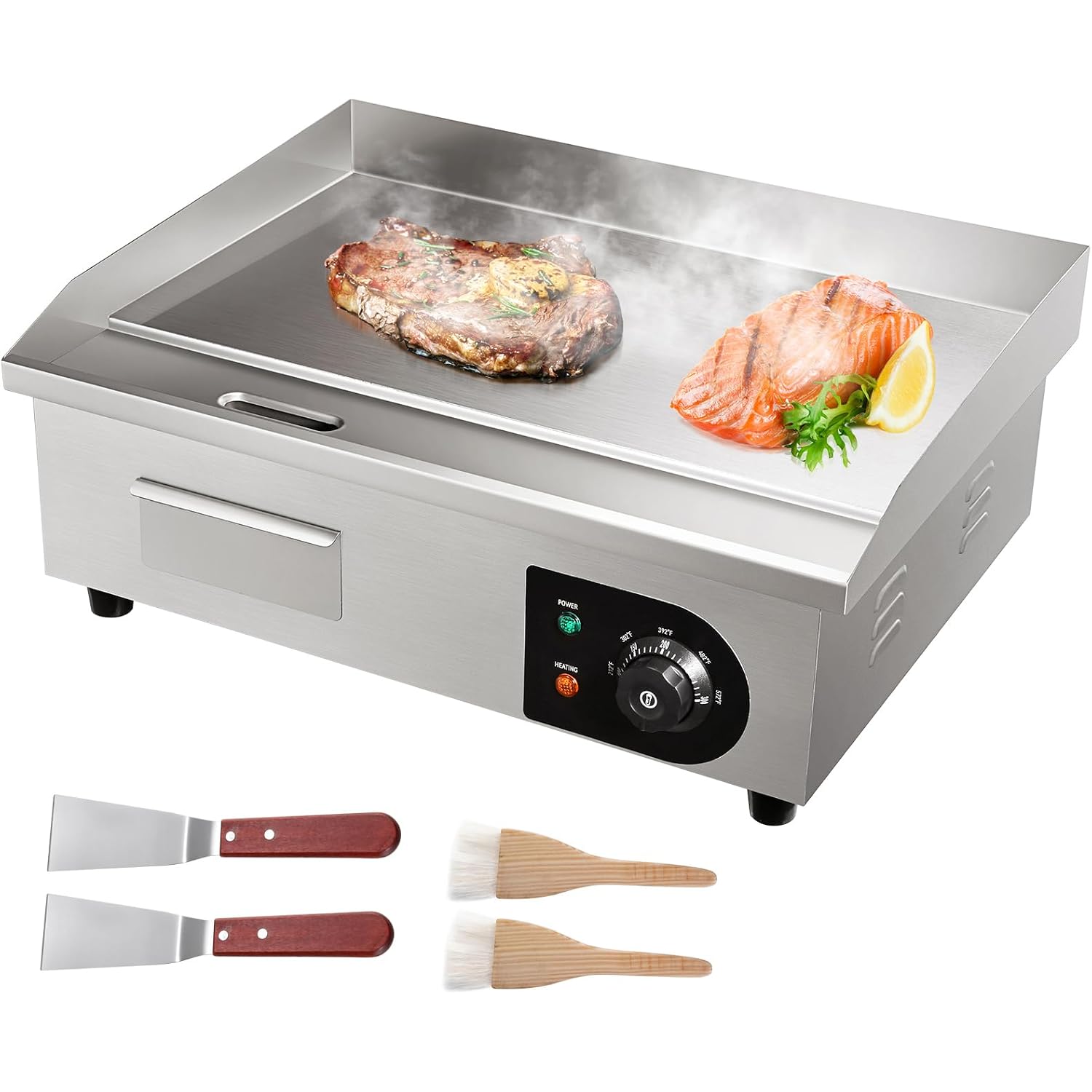 Vevor Commercial Electric Griddle, 22", 1600W Countertop Flat Top Griddle, Stainless Steel Teppanyaki Grill W/Iron Cooking Plate, 122-572℉ Adjustable Temp Control 2 Shovels & Brushes, 110V