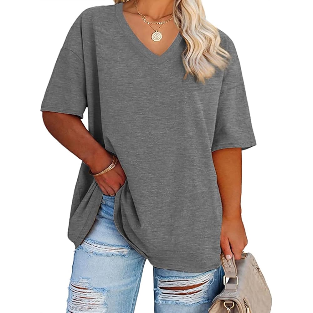 Fisoew Women'S Plus Size V Neck T Shirts Summer Half Sleeve Tees Casual Loose Fit Cotton Tunic Tops
