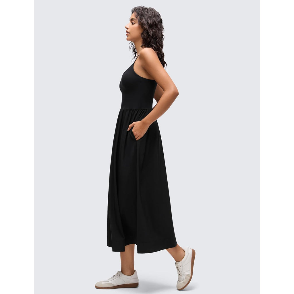 Crz Yoga V Neck Maxi Casual Tank Dress | Removable Pads, Flowy, Side Pockets, Adjustable Straps, Travel, Sleeveless, Outfits For Women