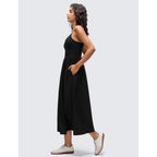 Crz Yoga V Neck Maxi Casual Tank Dress | Removable Pads, Flowy, Side Pockets, Adjustable Straps, Travel, Sleeveless, Outfits For Women