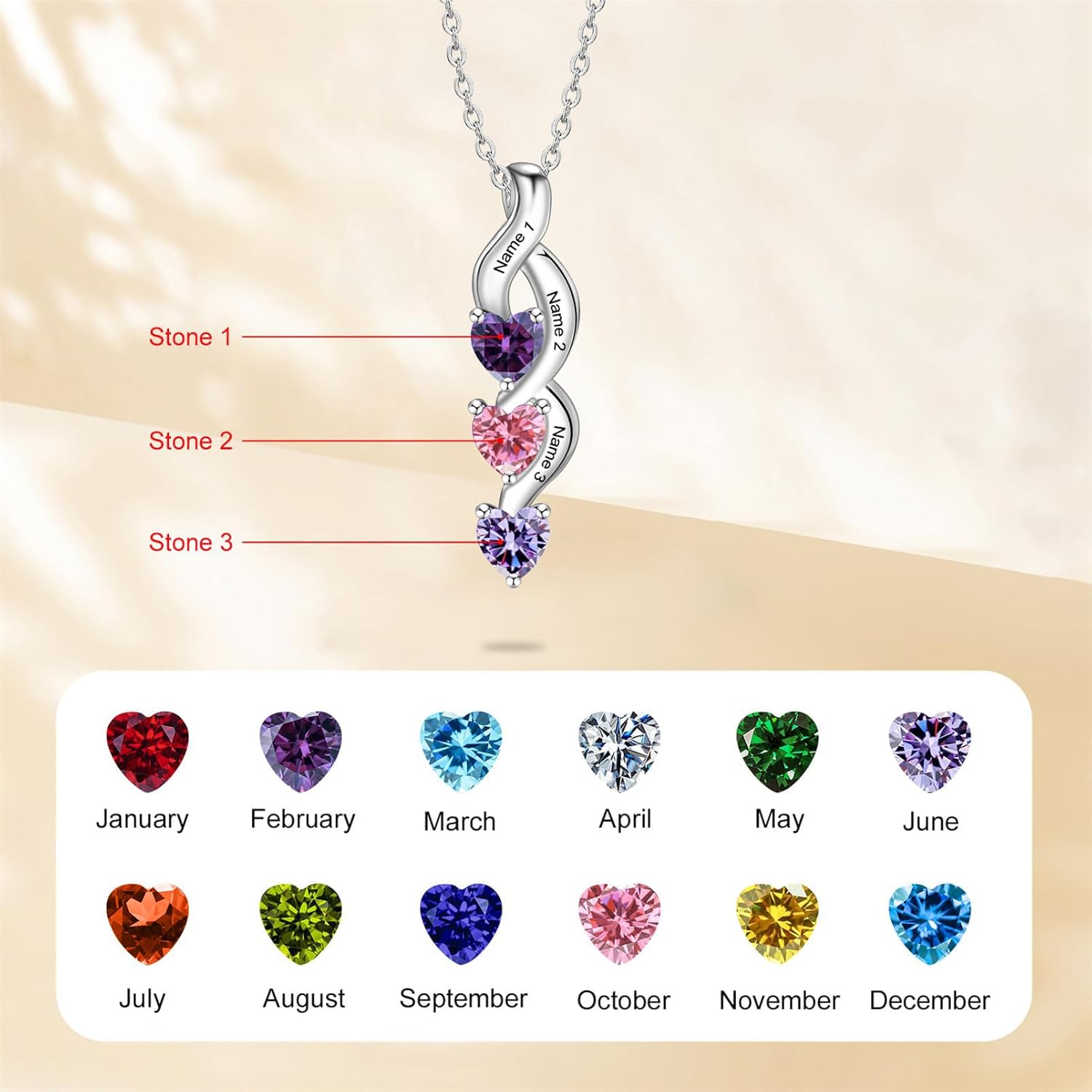 ORFAN Personalized Sterling Silver Mothers Name Necklace with 1-6 Simulated Birthstones Custom Heart Pendant Necklace Personalized Mom Necklace for Christmas