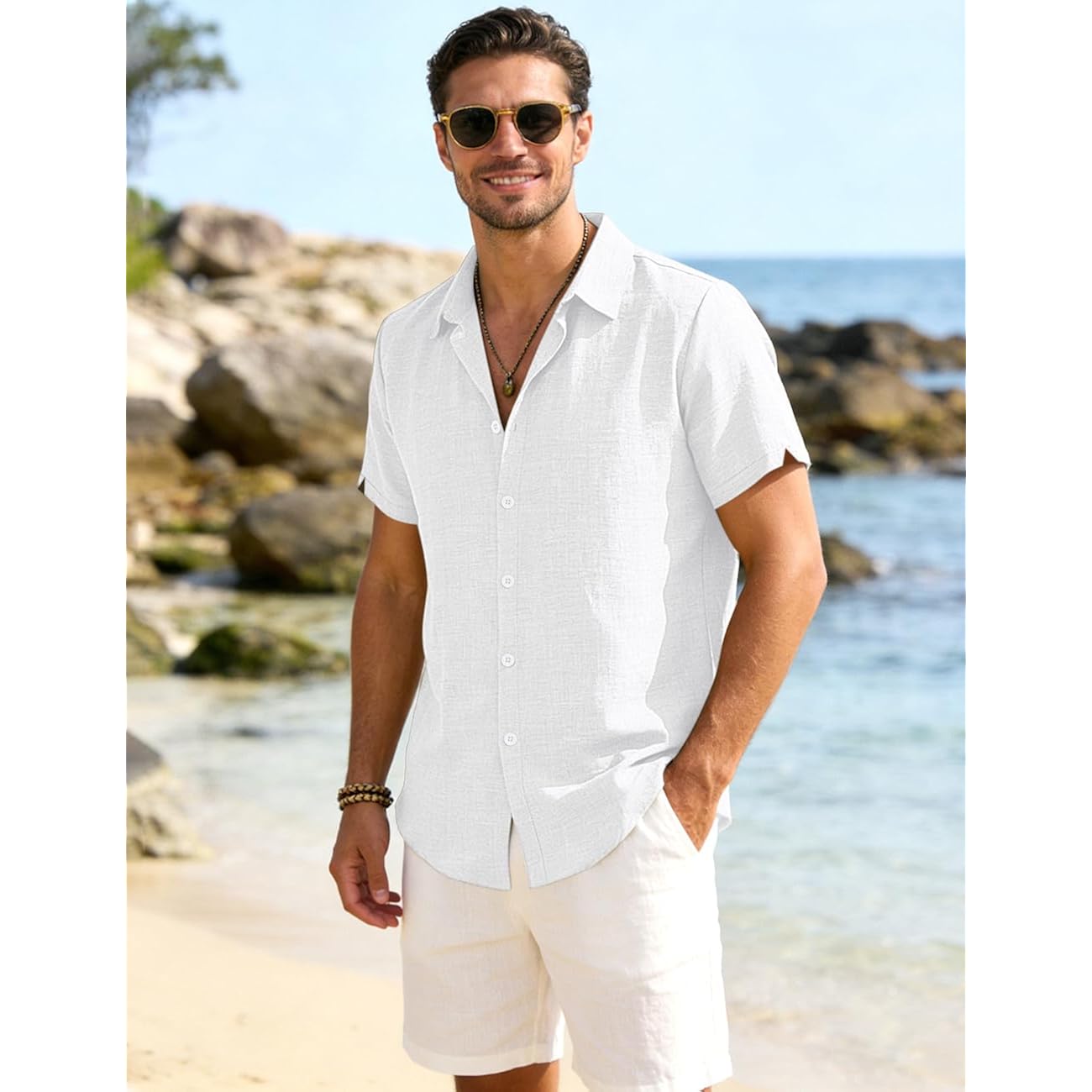 Men'S Linen Shirts Casual Lightweight Button Down Shirt Beach Vacation Summer Tops Short Sleeve Stylish Shirt