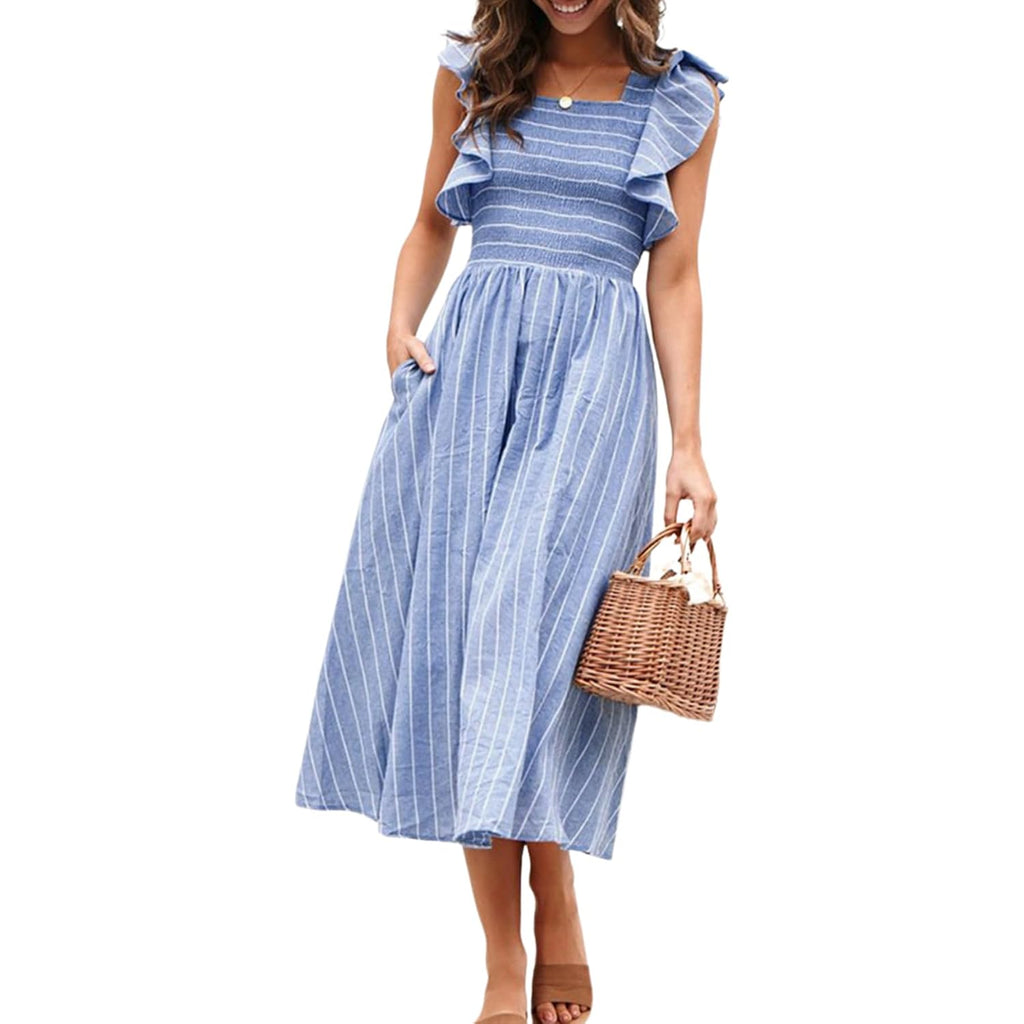 Womens Summer Smocked Midi Dress Casual Flutter Sleeve Long Boho Flowy A Line Church Modest Dresses With Pockets
