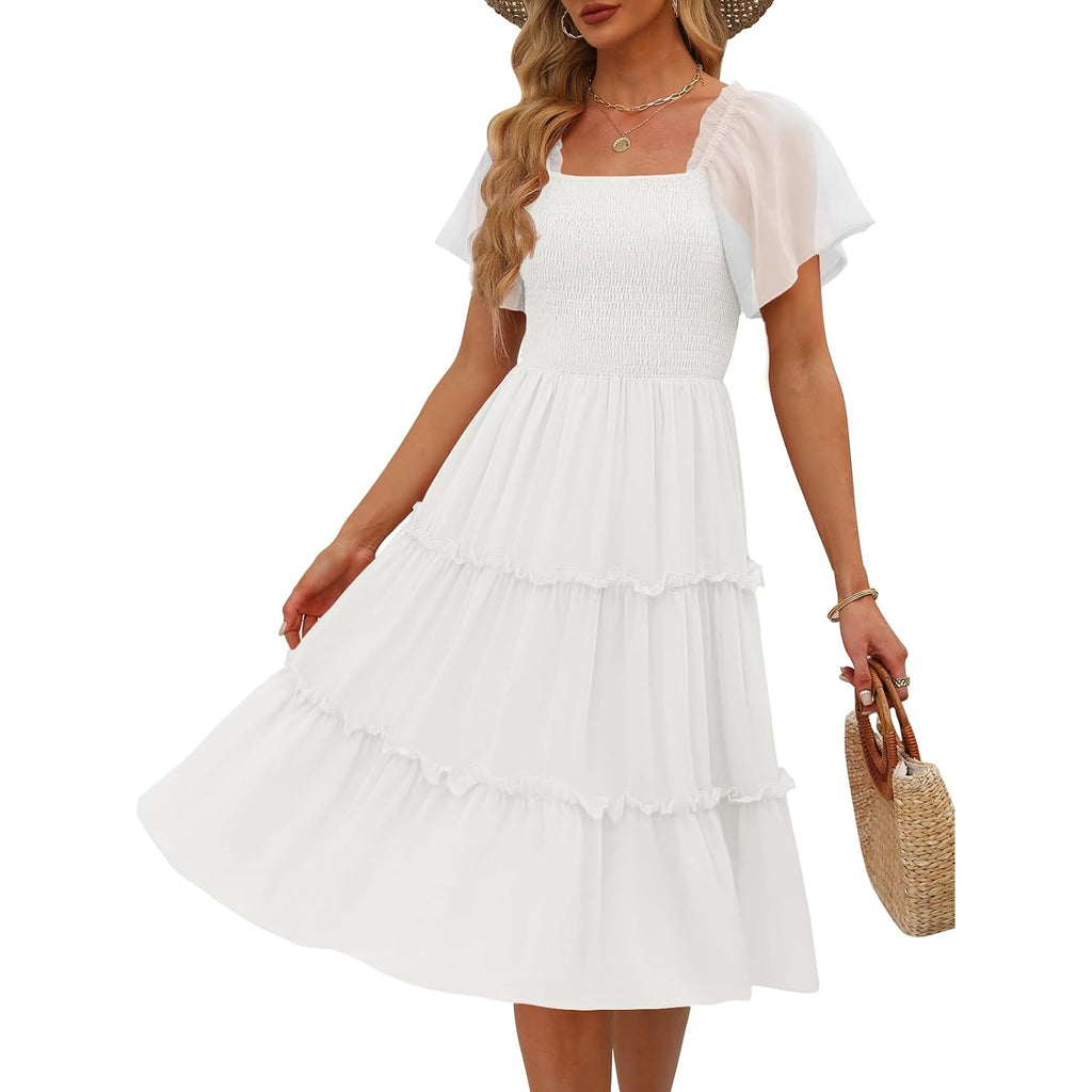 Lillusory Women'S Summer Casual Flutter Sleeve Square Neck Smocked Midi Dress