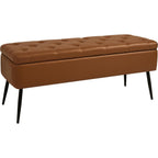 Leather Storage Ottoman Bench,End Of Bed Bench For Living Room Bedroom Dinning Room Entryway,Mid-Century Modern, With Steel Legs,Safety Hinges, Loads 660 Lb (With Button, Brown)