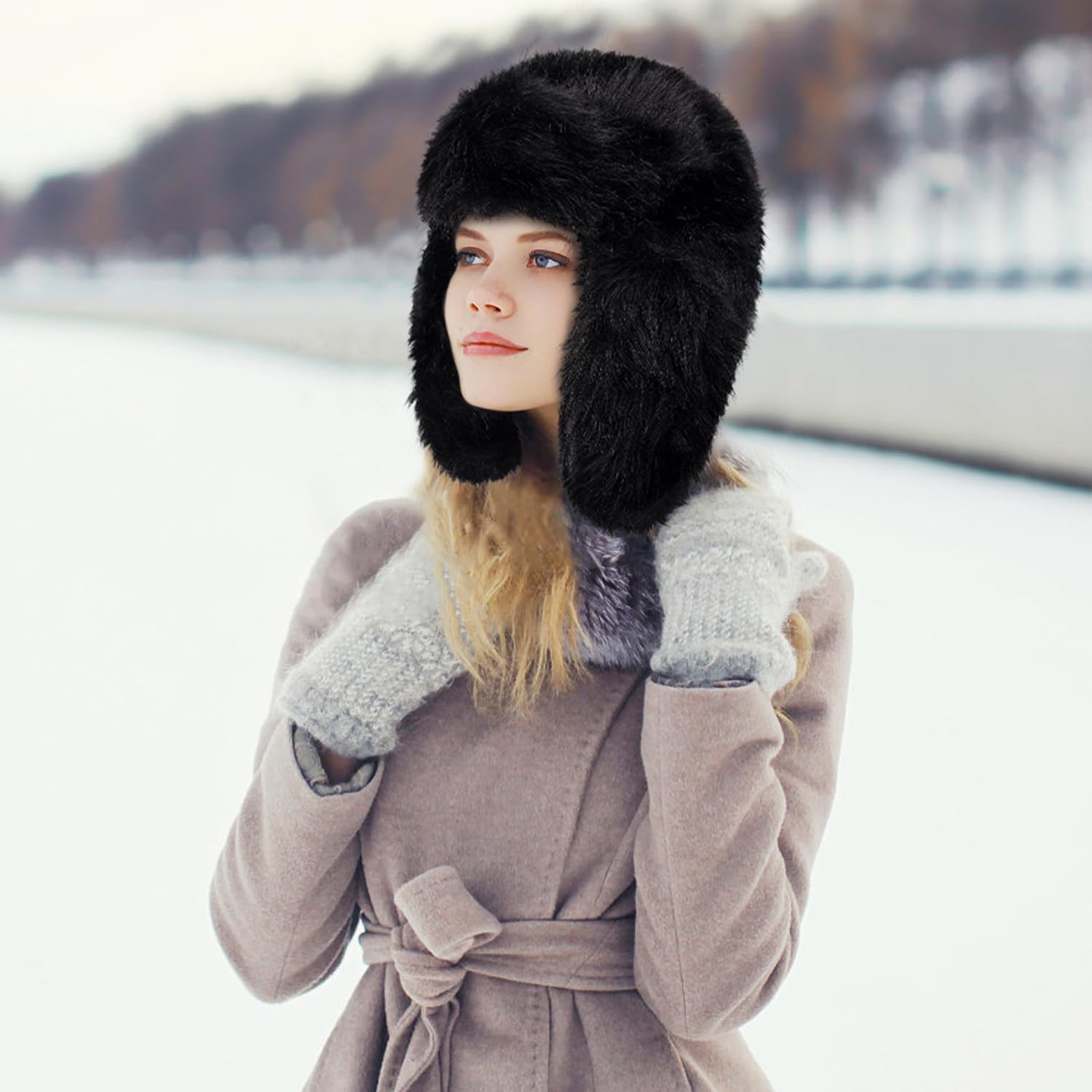 Peicees Oversized Fur Trapper Hat for Women Ladies Russian Ushanka Furry Winter Hat with Ear Flaps Fuzzy Warm Black White XL