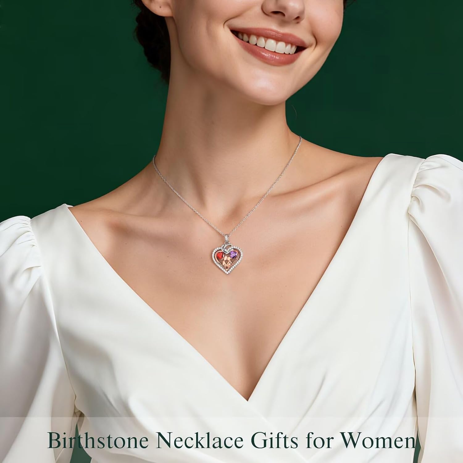 Iefil Mothers Day Gifts for Wife - 925 Sterling Silver Double Heart Birthstone Necklace for Women, Anniversary Birthday Gifts for Wife