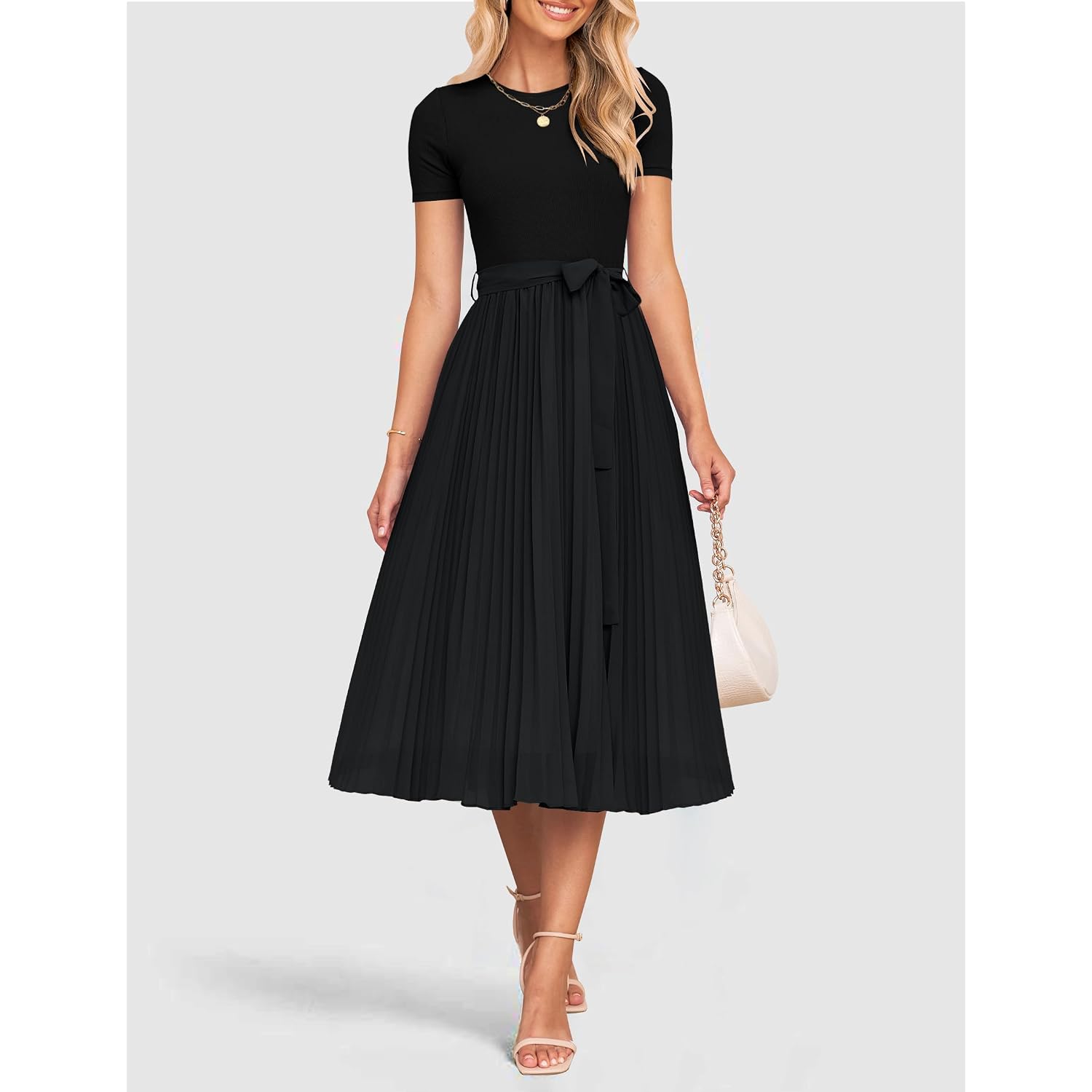 Zesica Women'S 2026 Summer Short Sleeve Midi Dresses Crewneck Knit Belted Pleated A Line Flowy Wedding Guest Long Dress