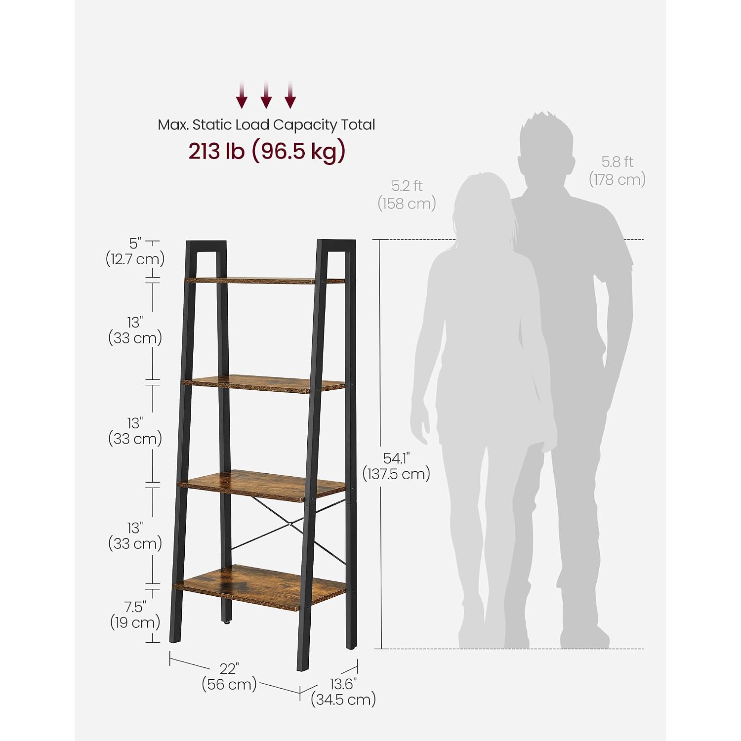 Vasagle Barnet Collection - Ladder Shelf, Bookshelf, Storage Rack, Modern Bookcase For Living Room Home Office Kitchen, Steel Frame, 4-Tier, 22-Inch Wide, Rustic Brown And Ink Black Ulls44X