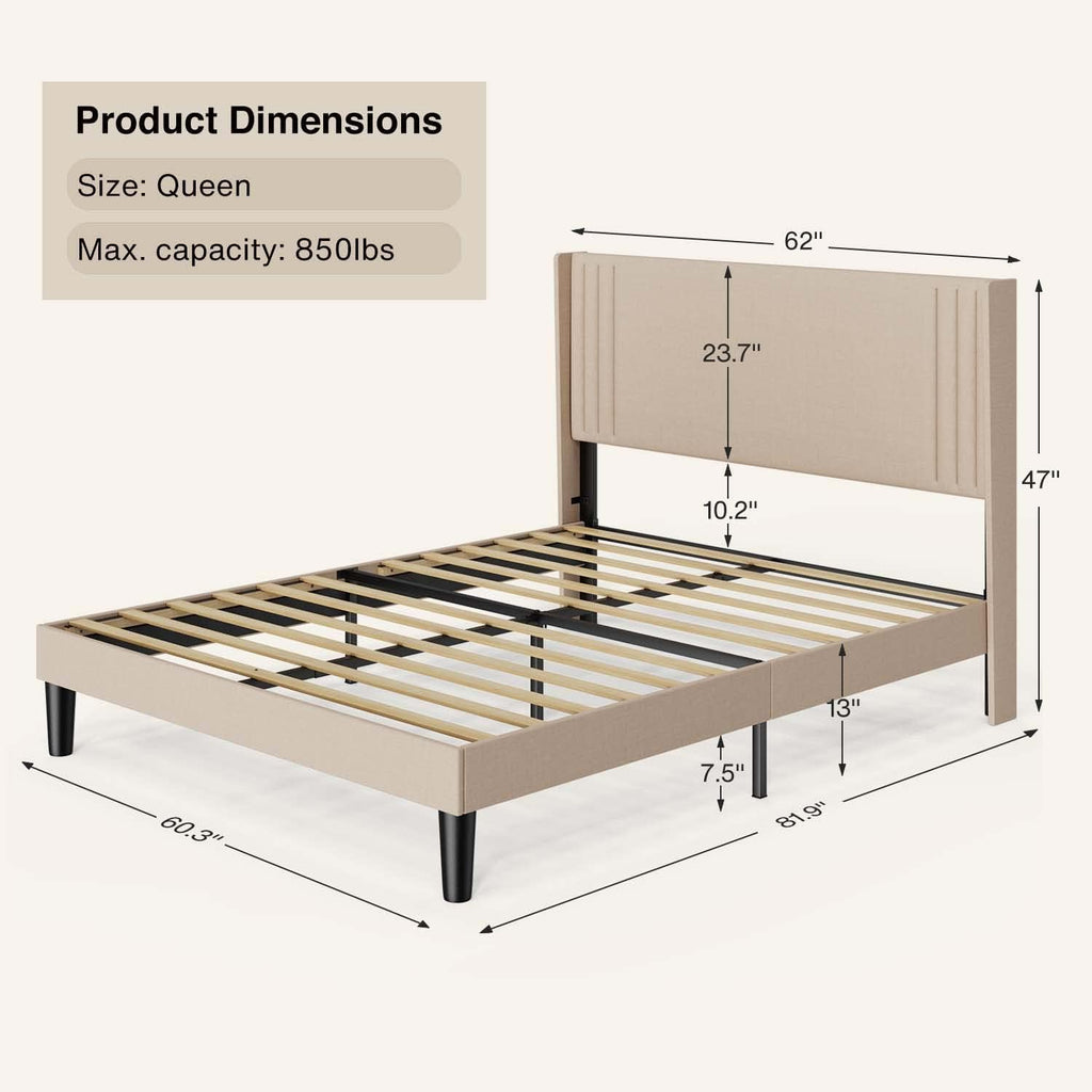 Gizoon Queen Bed Frame With Wingback Headboard, Upholstered Platform Bed, Wooden Slats, Noise-Free, No Box Spring Needed, Easy Assembly