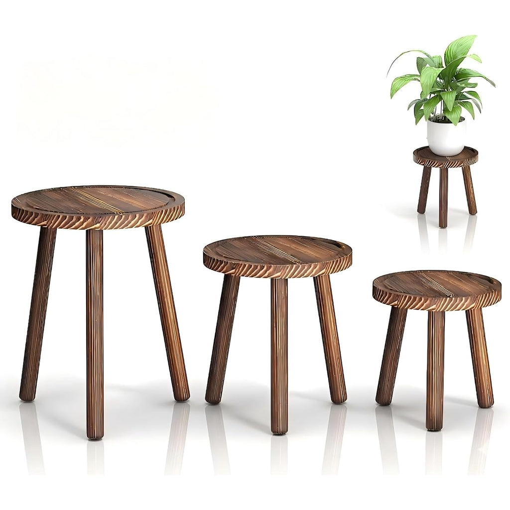 3-Pack Wood Plant Stands Indoor, Single Plant Stand For 6-12 Inch Pots, Mid-Century Modern Plant Stool, Tall Plant Stand For Large Plants Perfect Fit For Living Room, Balcony, Office