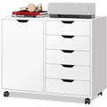 Devaise 5-Drawer Wood Drawer Cabinet, Office Storage Cabinet With Adjustable Shelf & Wheels, Printer Stand For Home Office, White