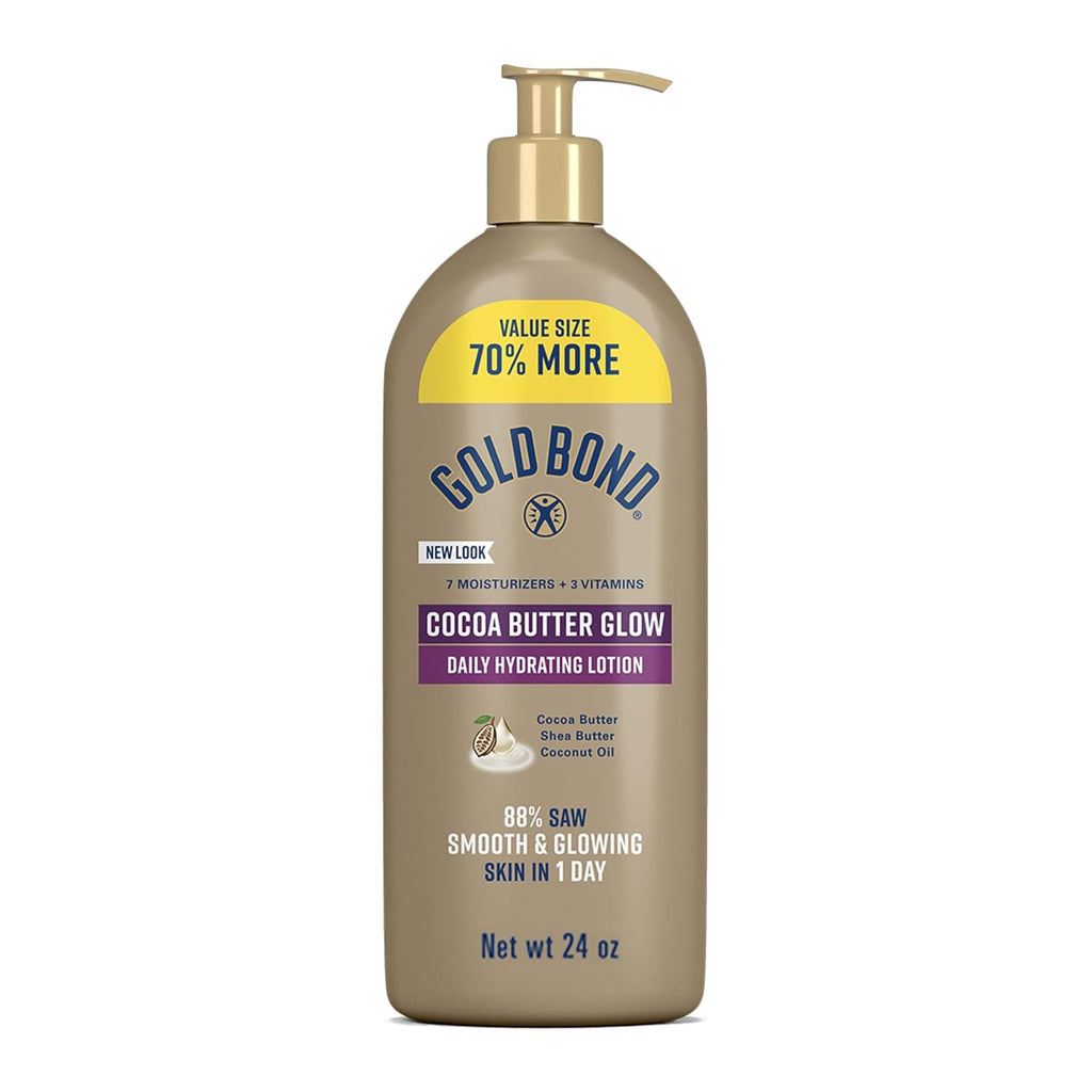 Gold Bond Cocoa Butter Glow Daily Hydrating Lotion With Cocoa Shea Butter & Coconut Oil, Exfoliating And Moisturizing Lotion For Dry Skin, 24 Oz