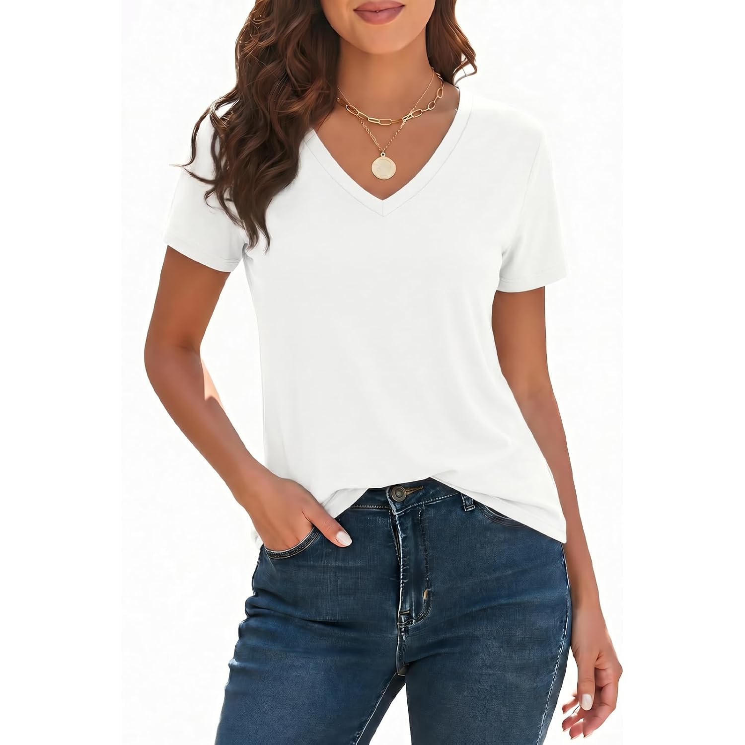 Imily Bela Womens V Neck Short Sleeve T-Shirt Loose Fit Solid Color Basic Tee Lightweight Non-Sheer Summer Tunic Tops