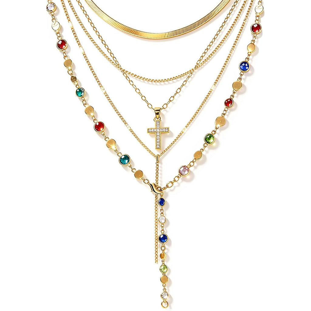 FAXHION 5PCS 14k Gold Plated Cross Necklaces for Women, Pendant Stacked Layered Diamond Y Long Boho Jewelry Sets Adjustable Accessories Trendy Gifts for Women