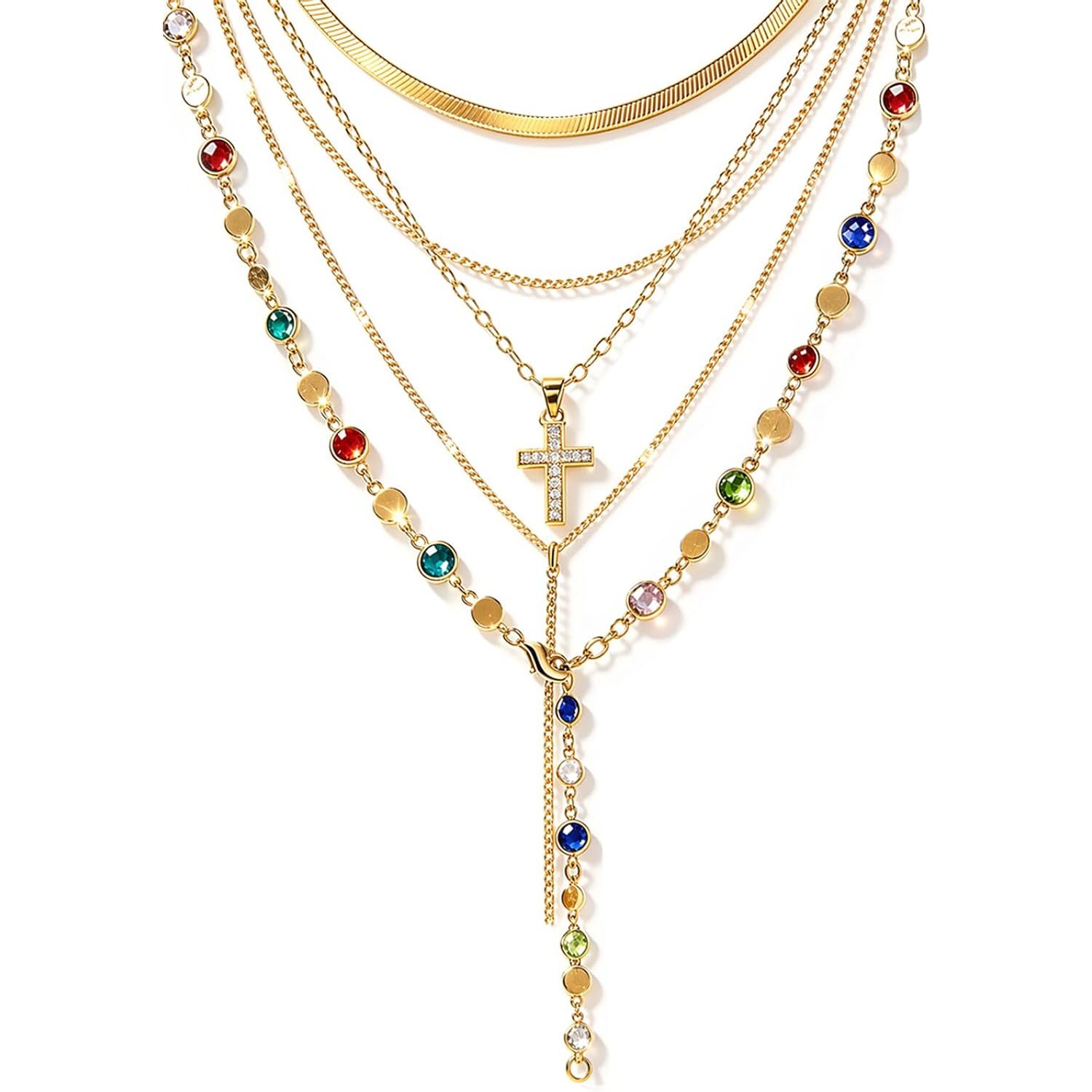 FAXHION 5PCS 14k Gold Plated Cross Necklaces for Women, Pendant Stacked Layered Diamond Y Long Boho Jewelry Sets Adjustable Accessories Trendy Gifts for Women