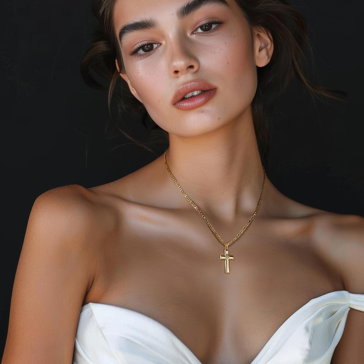 48cm 14k Gold Cross Necklace for Women Gold Necklace Cross Pendant Small Necklaces 48cm Chain with a CZ Stone